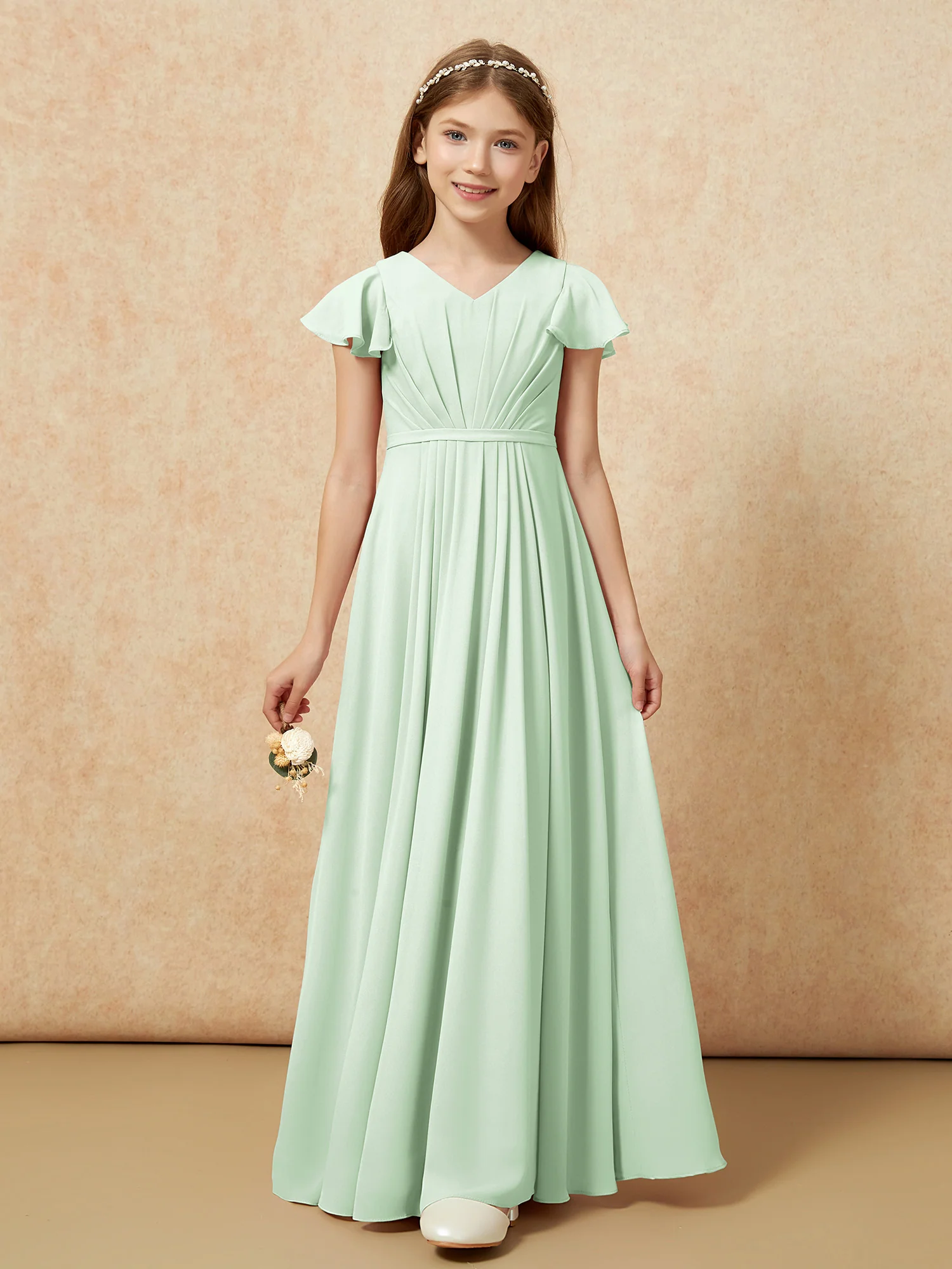 Flutter Sleeves V-neck Chiffon Junior Bridesmaid Dresses Dusty Sage - Image 6