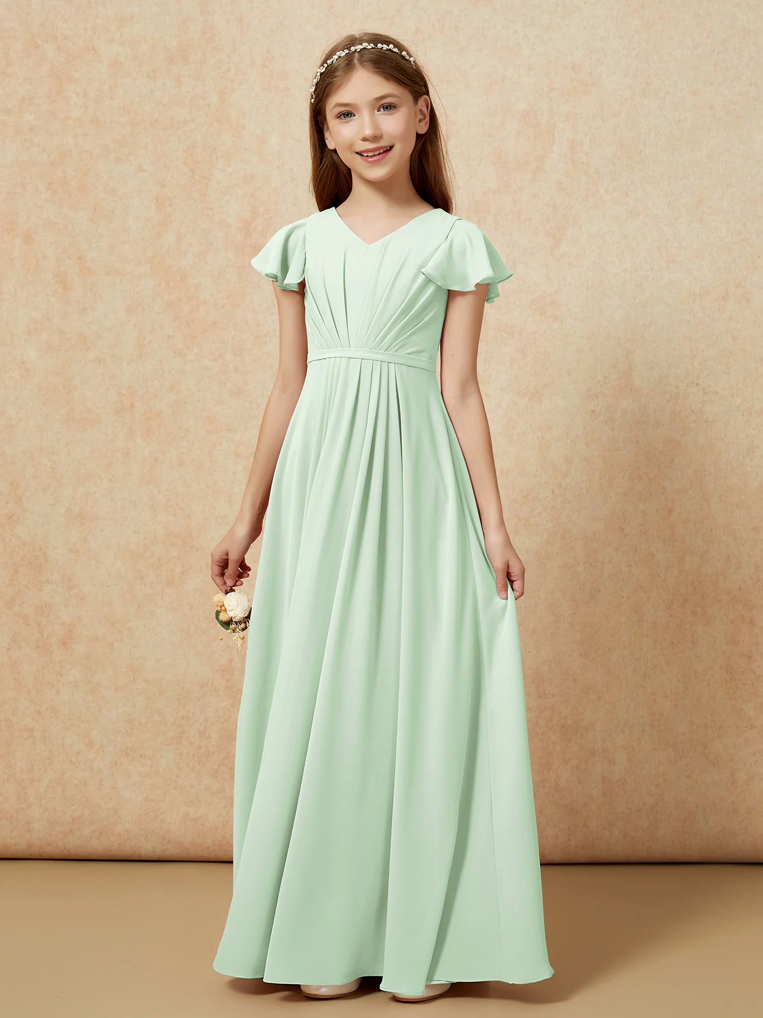 Flutter Sleeves V-neck Chiffon Junior Bridesmaid Dresses Dusty Sage - Image 7