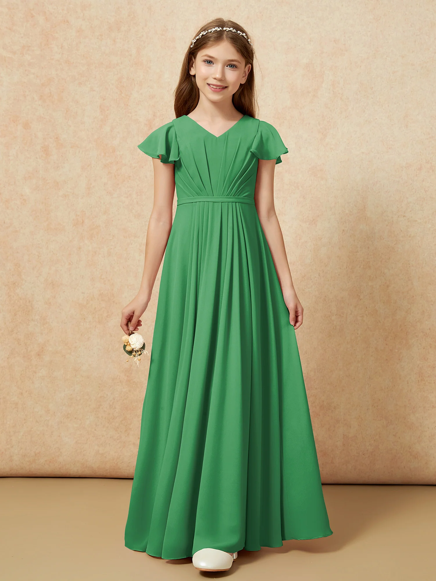 Flutter Sleeves V-neck Chiffon Junior Bridesmaid Dresses Emerald - Image 6
