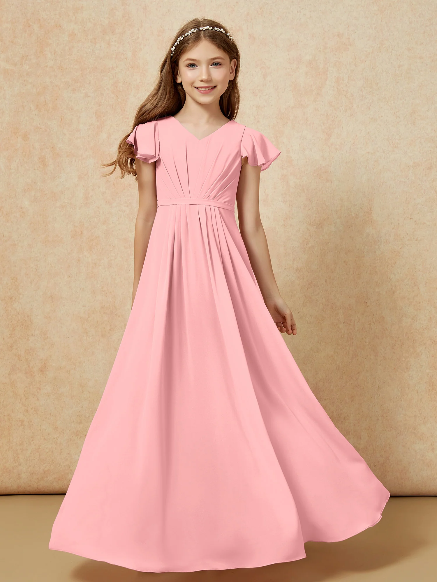 Flutter Sleeves V-neck Chiffon Junior Bridesmaid Dresses Flamingo
