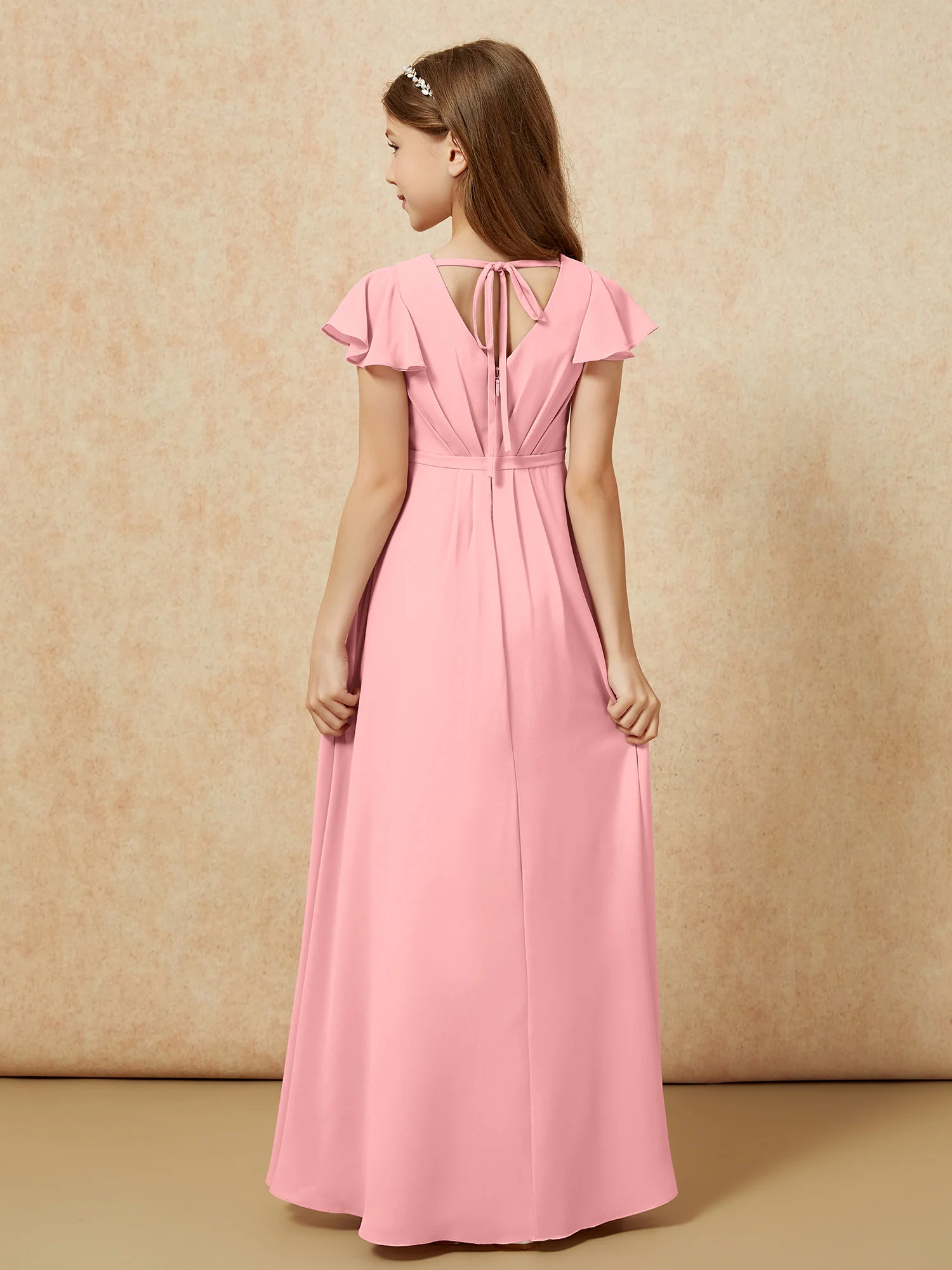 Flutter Sleeves V-neck Chiffon Junior Bridesmaid Dresses Flamingo - Image 2
