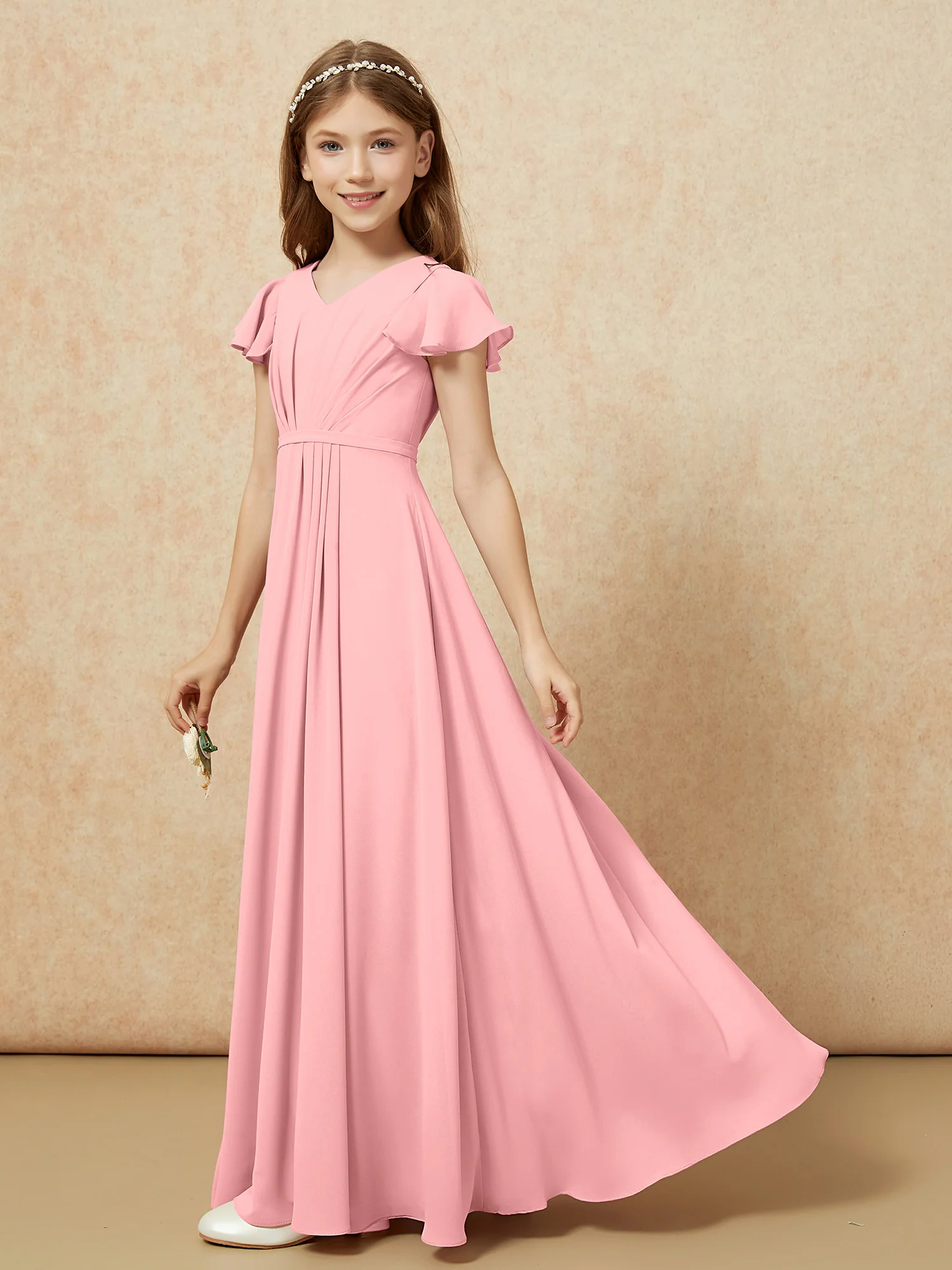 Flutter Sleeves V-neck Chiffon Junior Bridesmaid Dresses Flamingo - Image 3