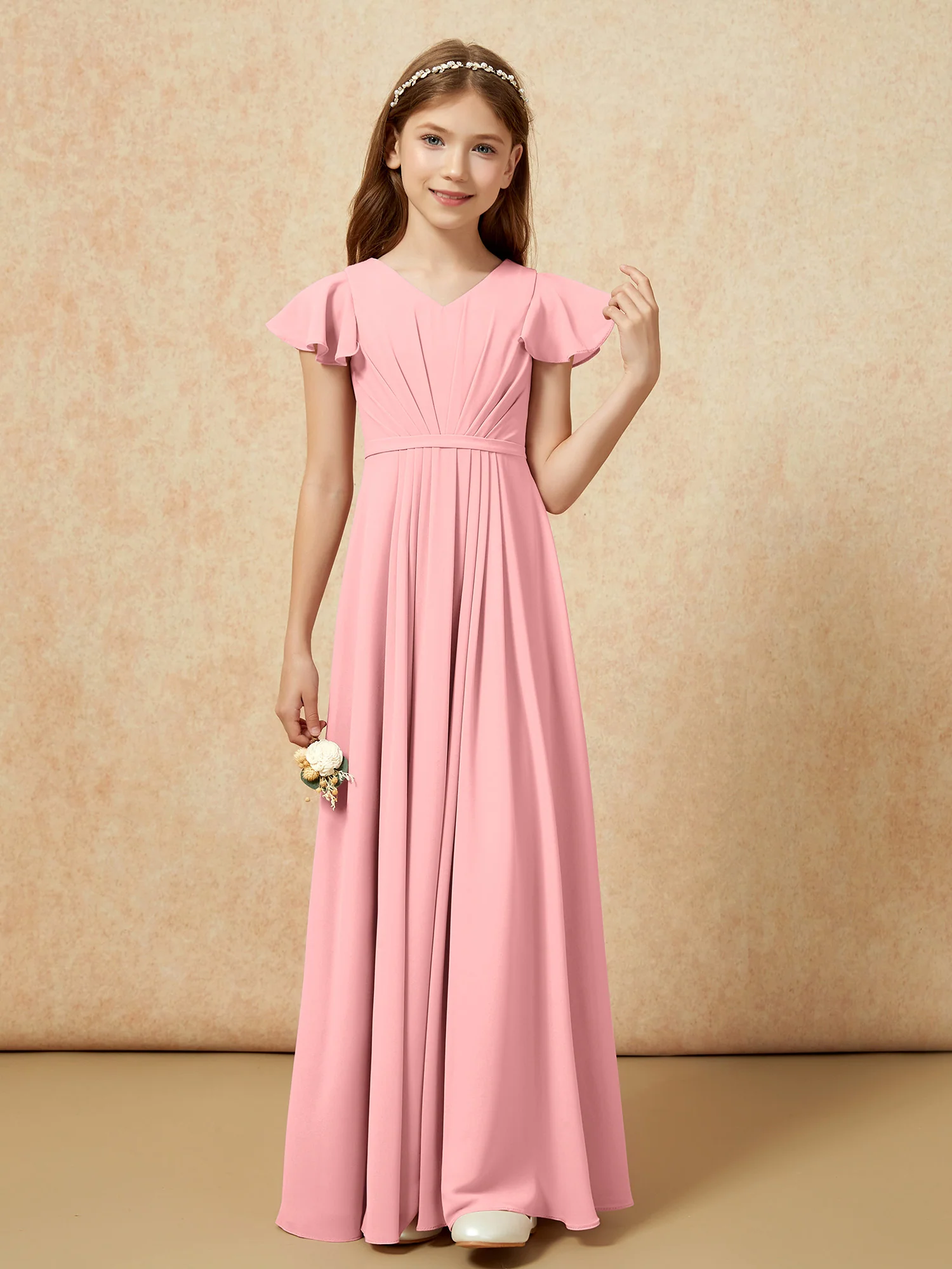Flutter Sleeves V-neck Chiffon Junior Bridesmaid Dresses Flamingo - Image 4