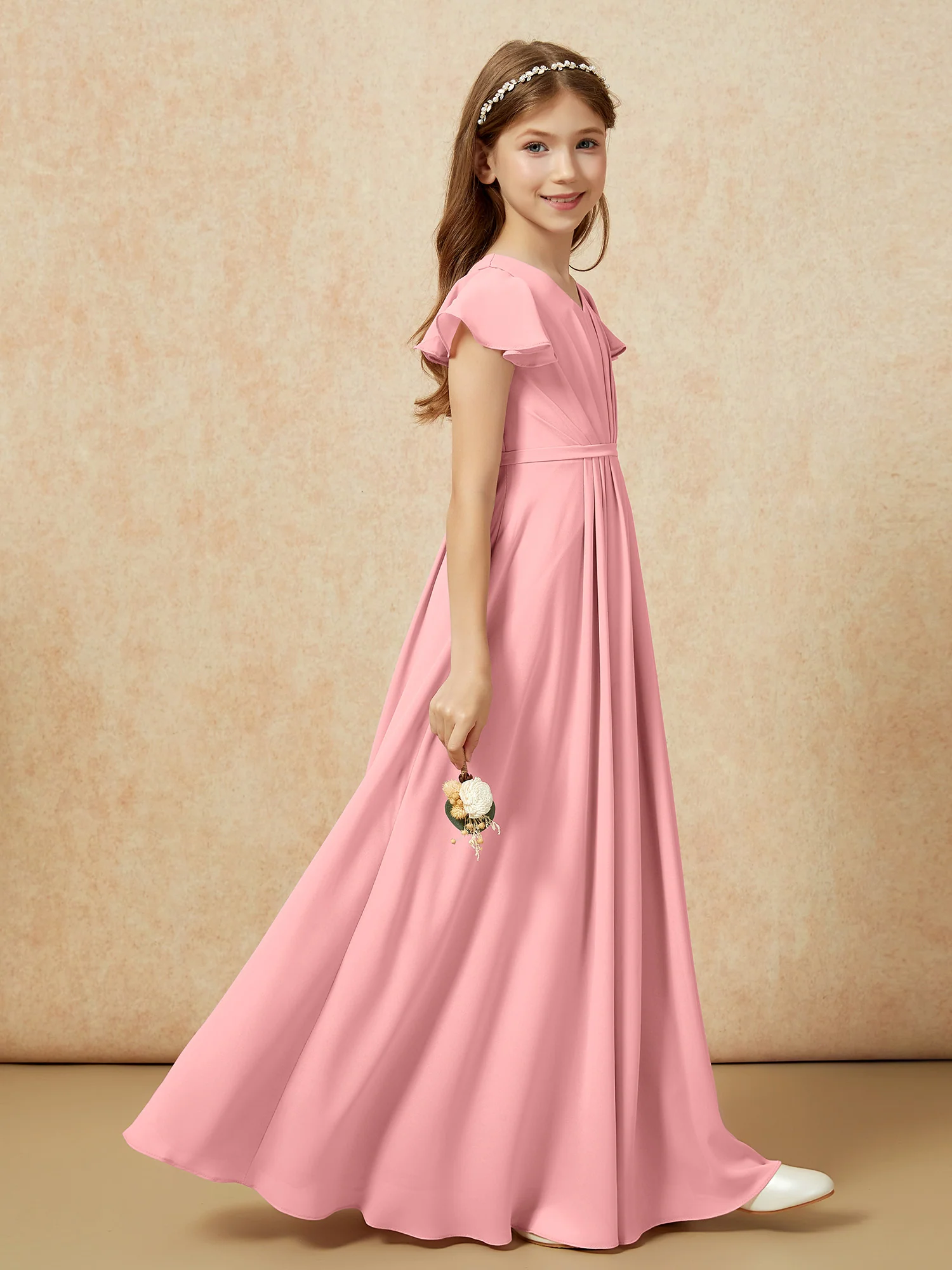 Flutter Sleeves V-neck Chiffon Junior Bridesmaid Dresses Flamingo - Image 5