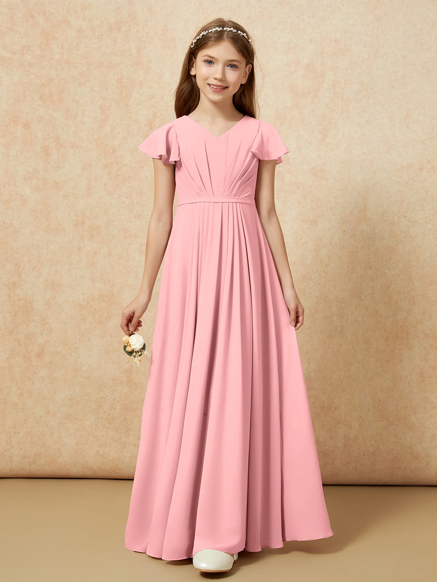 Flutter Sleeves V-neck Chiffon Junior Bridesmaid Dresses Flamingo - Image 6