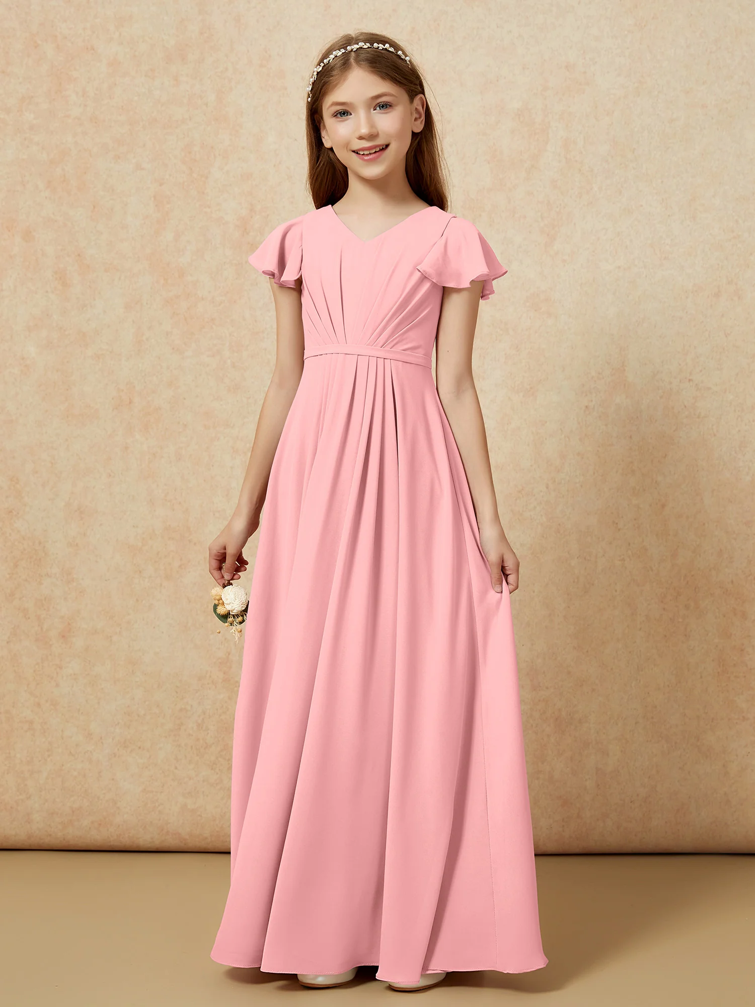 Flutter Sleeves V-neck Chiffon Junior Bridesmaid Dresses Flamingo - Image 7