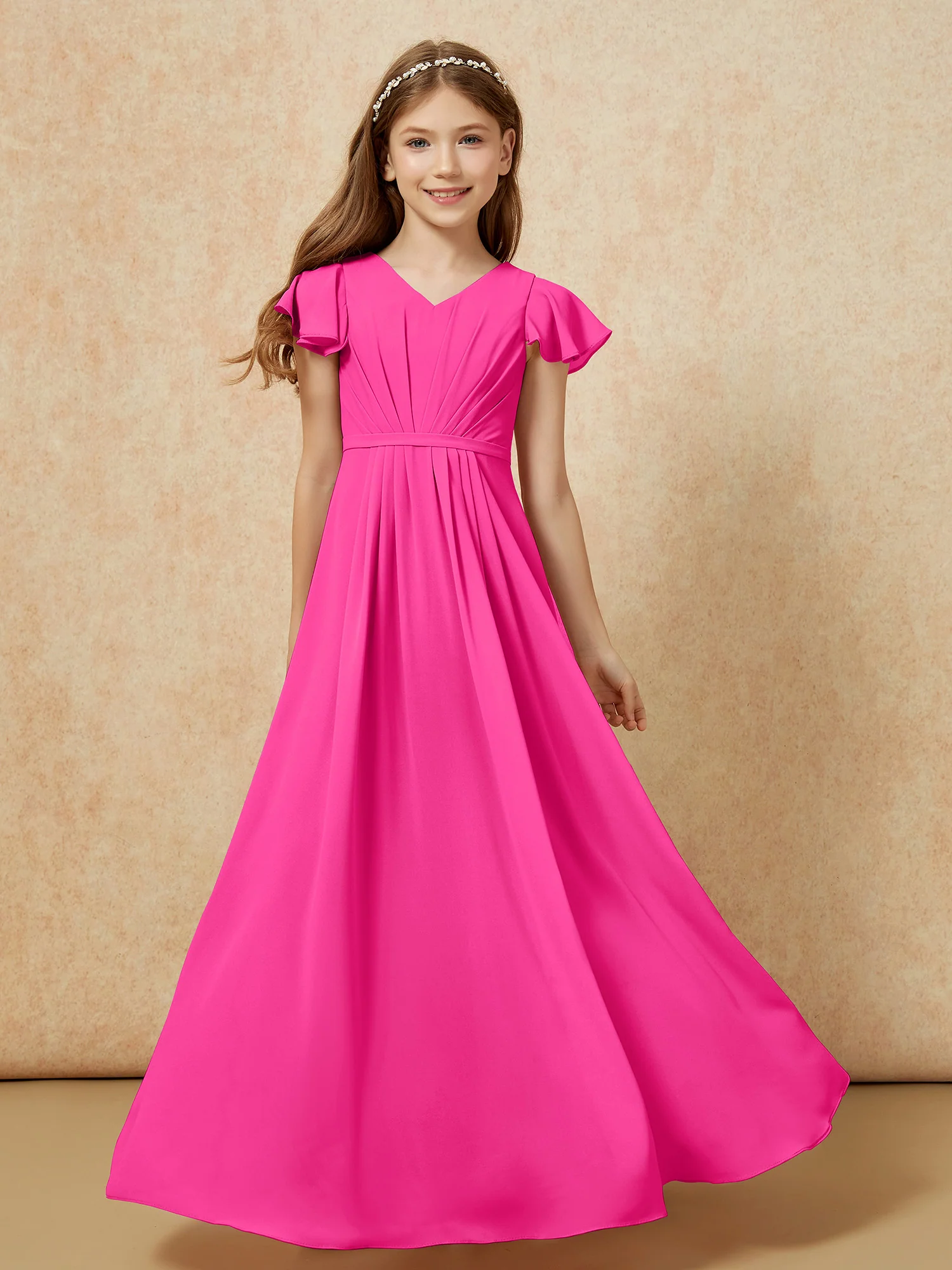 Flutter Sleeves V-neck Chiffon Junior Bridesmaid Dresses Fuchsia