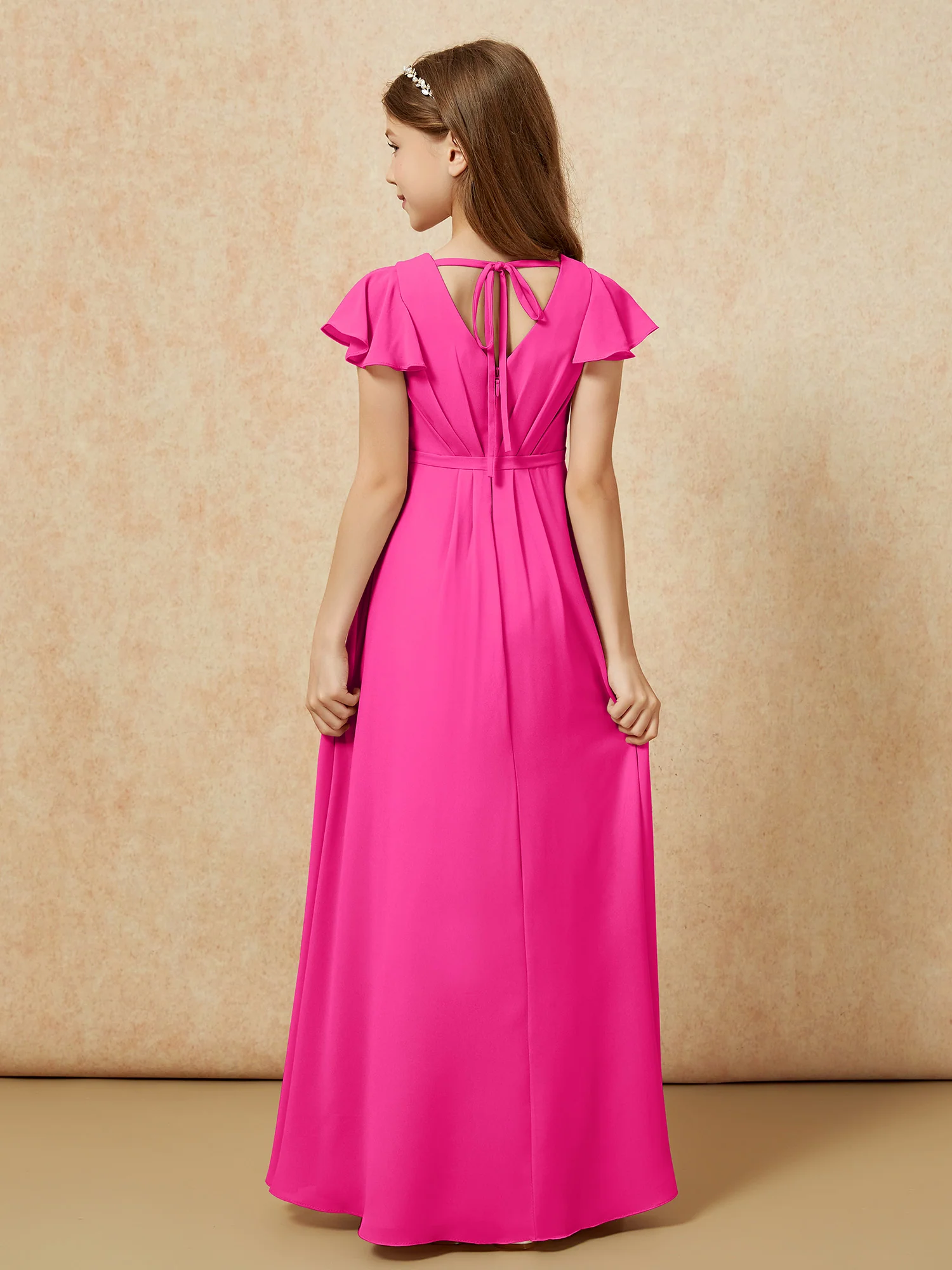 Flutter Sleeves V-neck Chiffon Junior Bridesmaid Dresses Fuchsia - Image 2