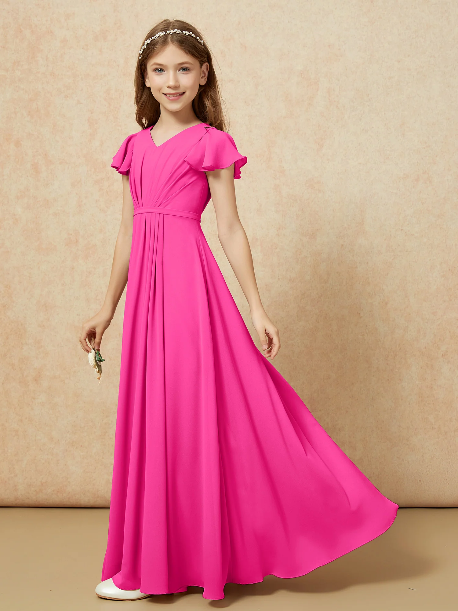 Flutter Sleeves V-neck Chiffon Junior Bridesmaid Dresses Fuchsia - Image 3