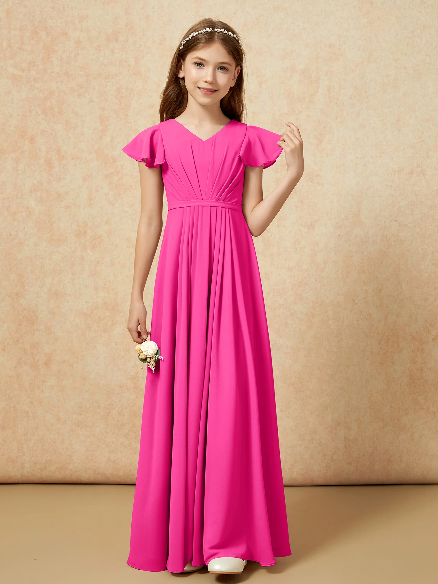Flutter Sleeves V-neck Chiffon Junior Bridesmaid Dresses Fuchsia - Image 4