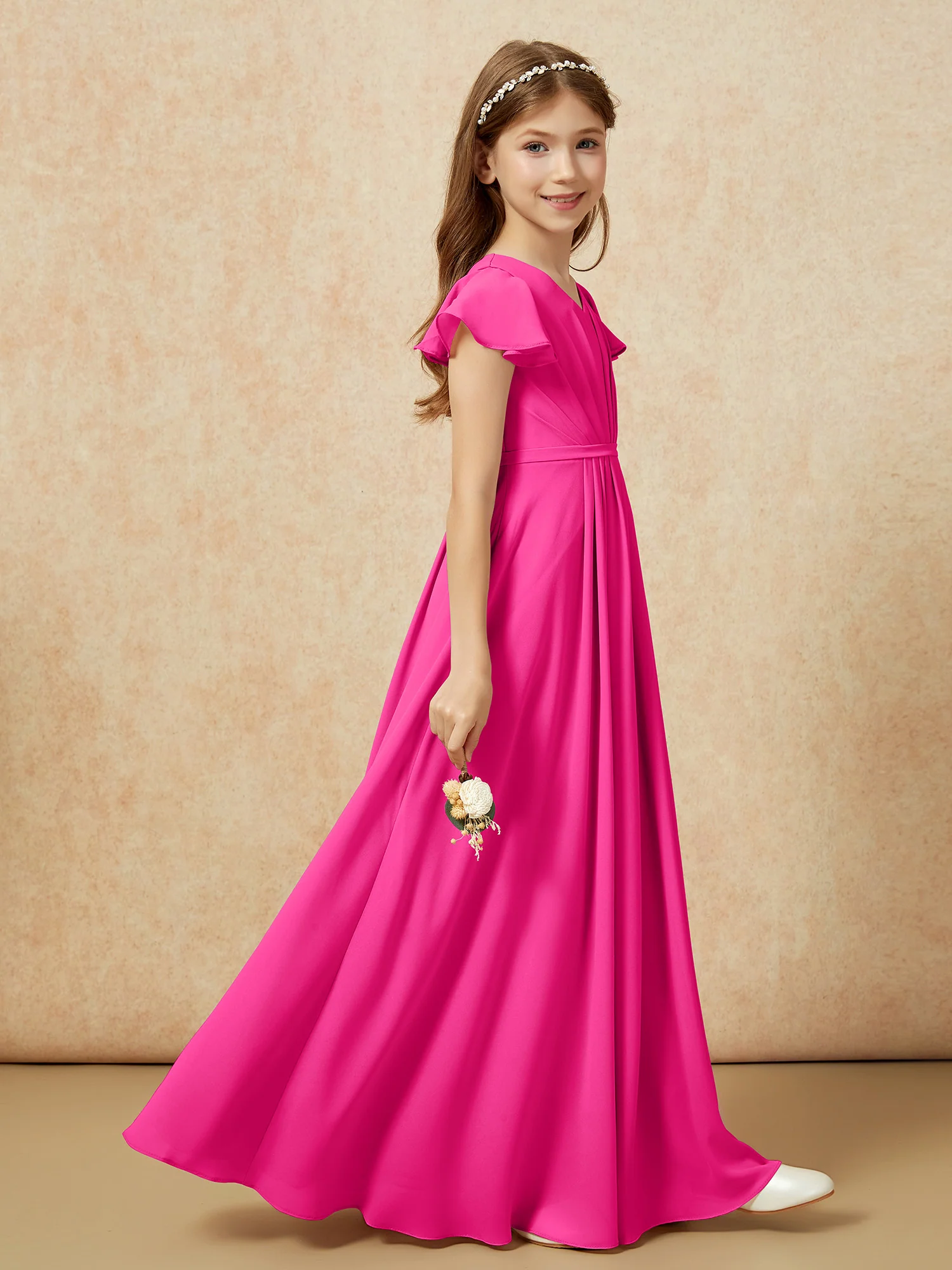 Flutter Sleeves V-neck Chiffon Junior Bridesmaid Dresses Fuchsia - Image 5