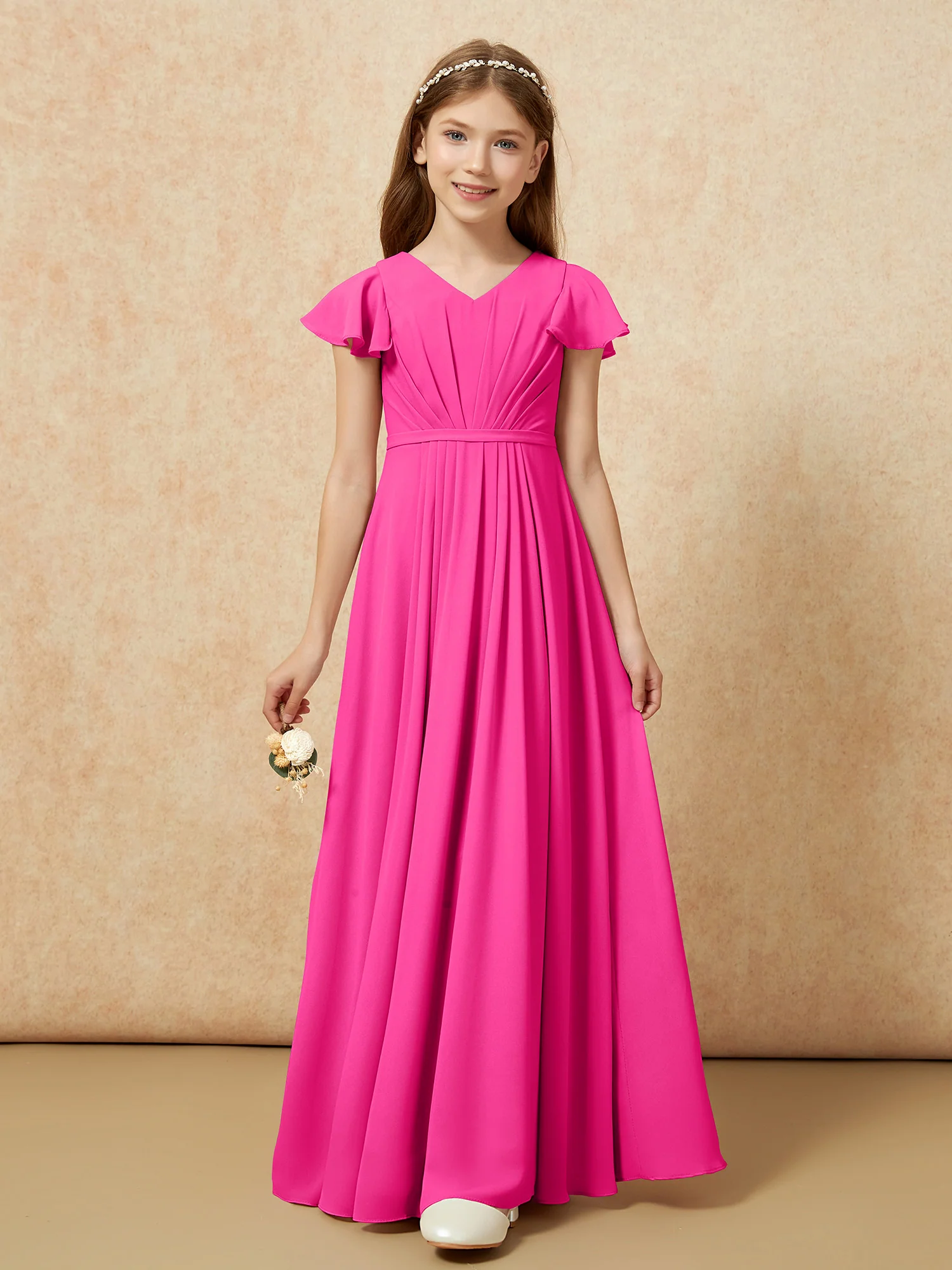 Flutter Sleeves V-neck Chiffon Junior Bridesmaid Dresses Fuchsia - Image 6