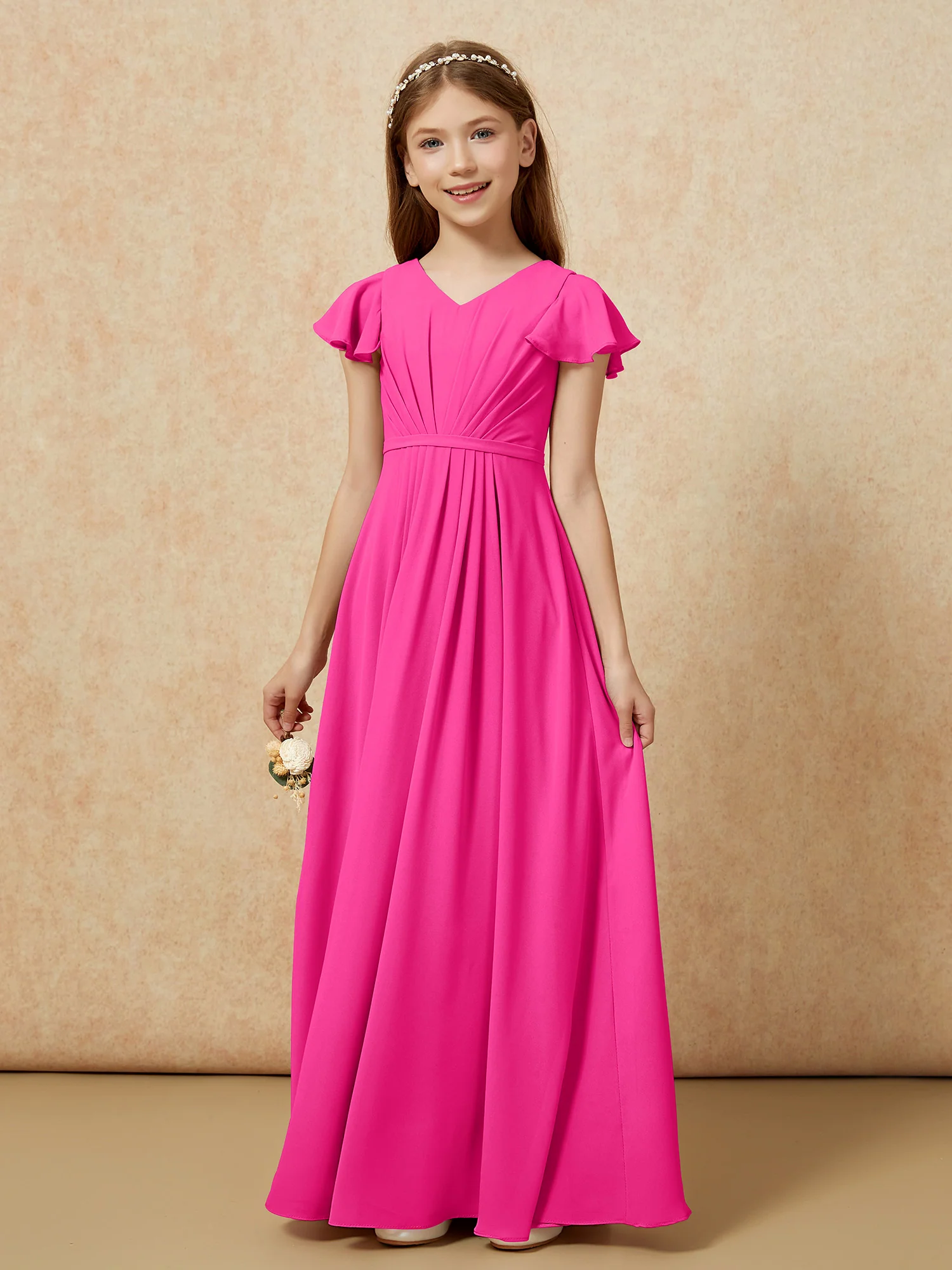 Flutter Sleeves V-neck Chiffon Junior Bridesmaid Dresses Fuchsia - Image 7