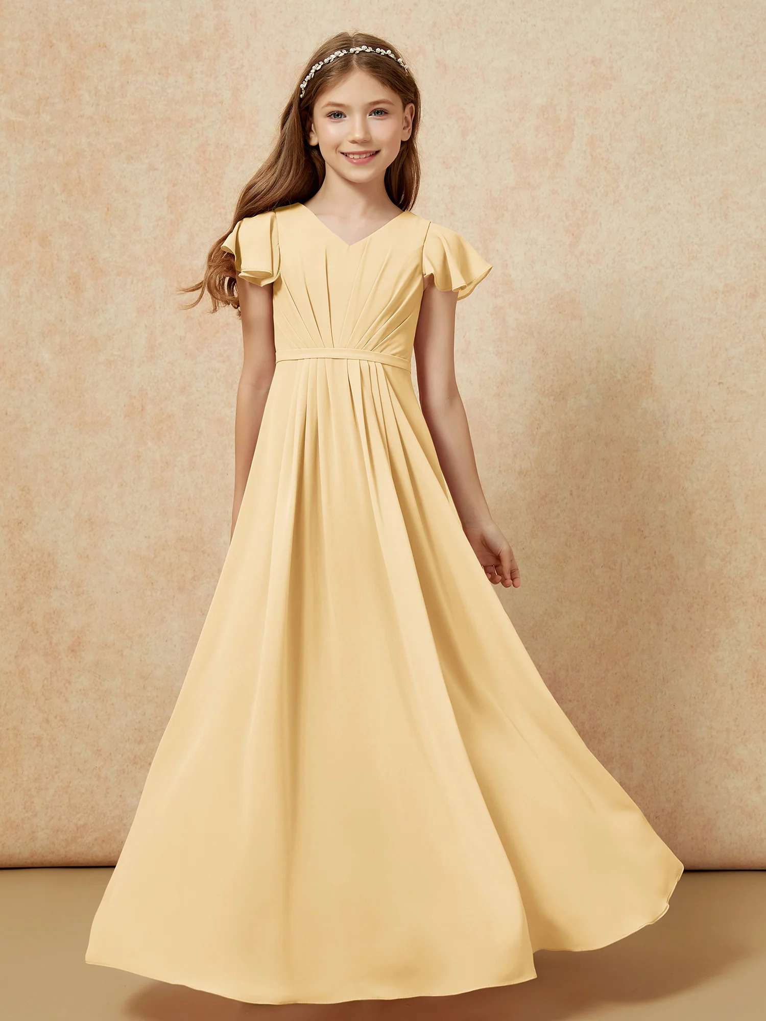 Flutter Sleeves V-neck Chiffon Junior Bridesmaid Dresses Gold