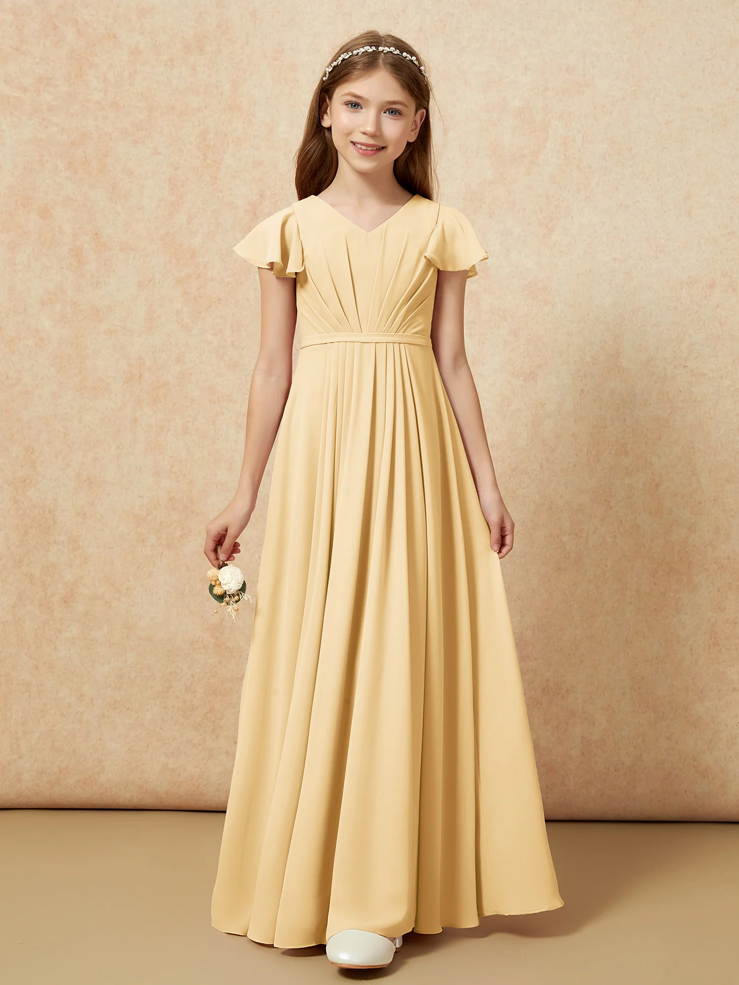 Flutter Sleeves V-neck Chiffon Junior Bridesmaid Dresses Gold - Image 6