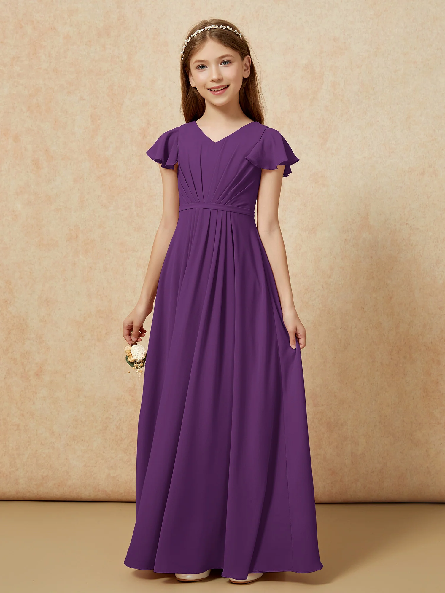 Flutter Sleeves V-neck Chiffon Junior Bridesmaid Dresses Grape - Image 7