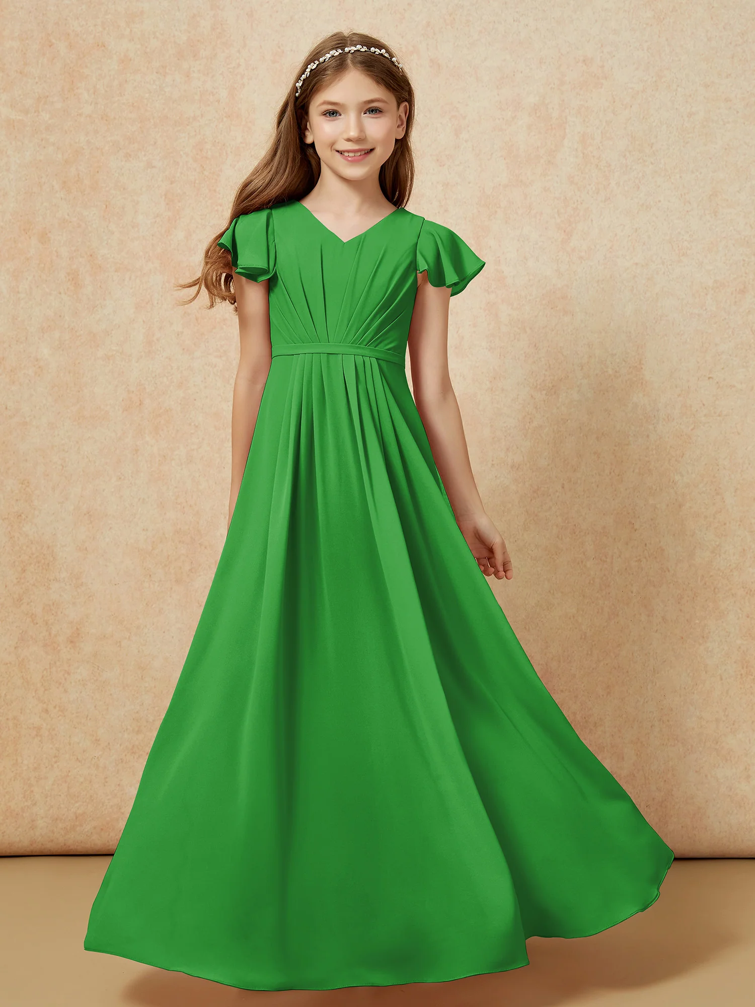 Flutter Sleeves V-neck Chiffon Junior Bridesmaid Dresses Green