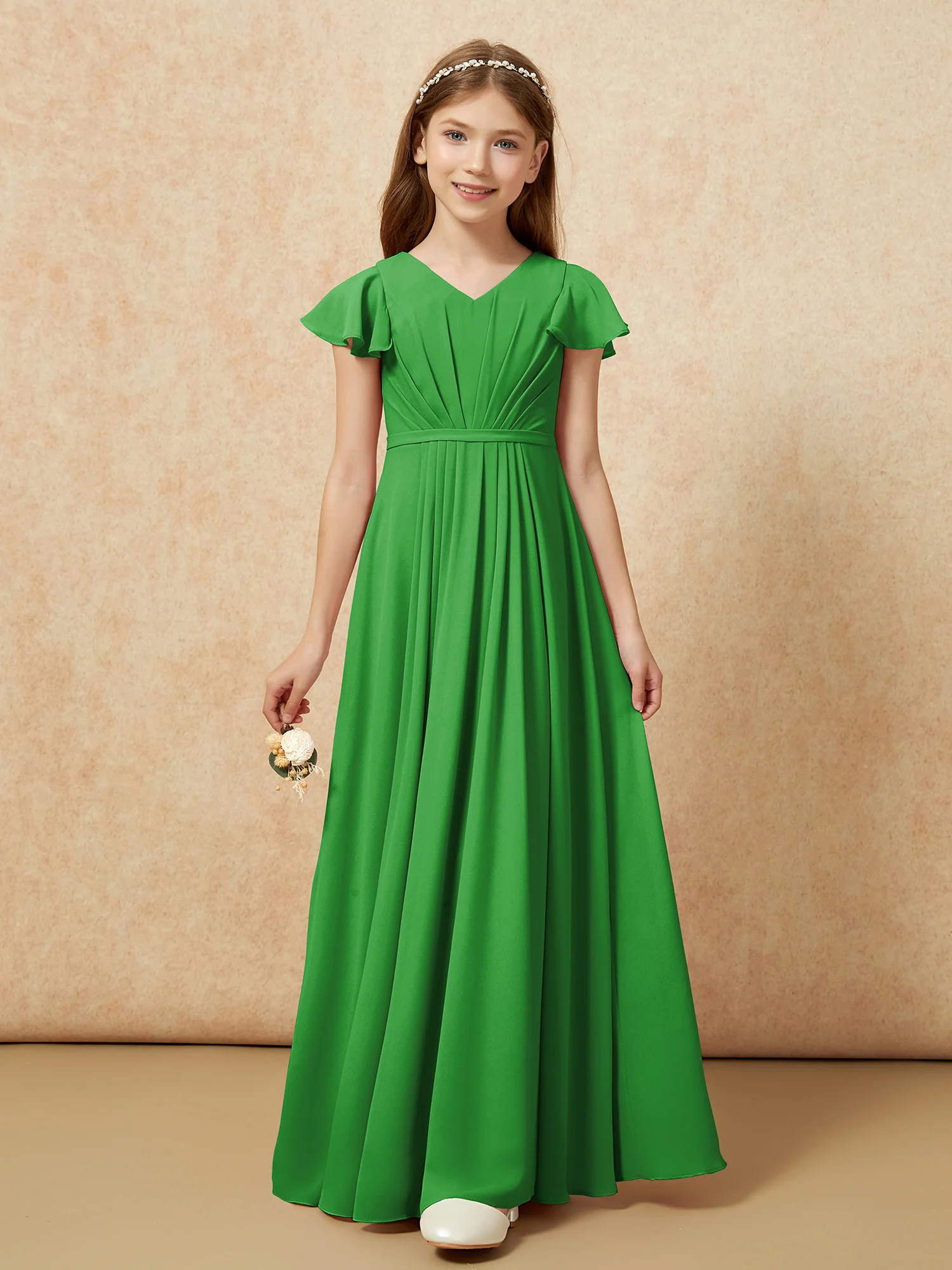 Flutter Sleeves V-neck Chiffon Junior Bridesmaid Dresses Green - Image 6