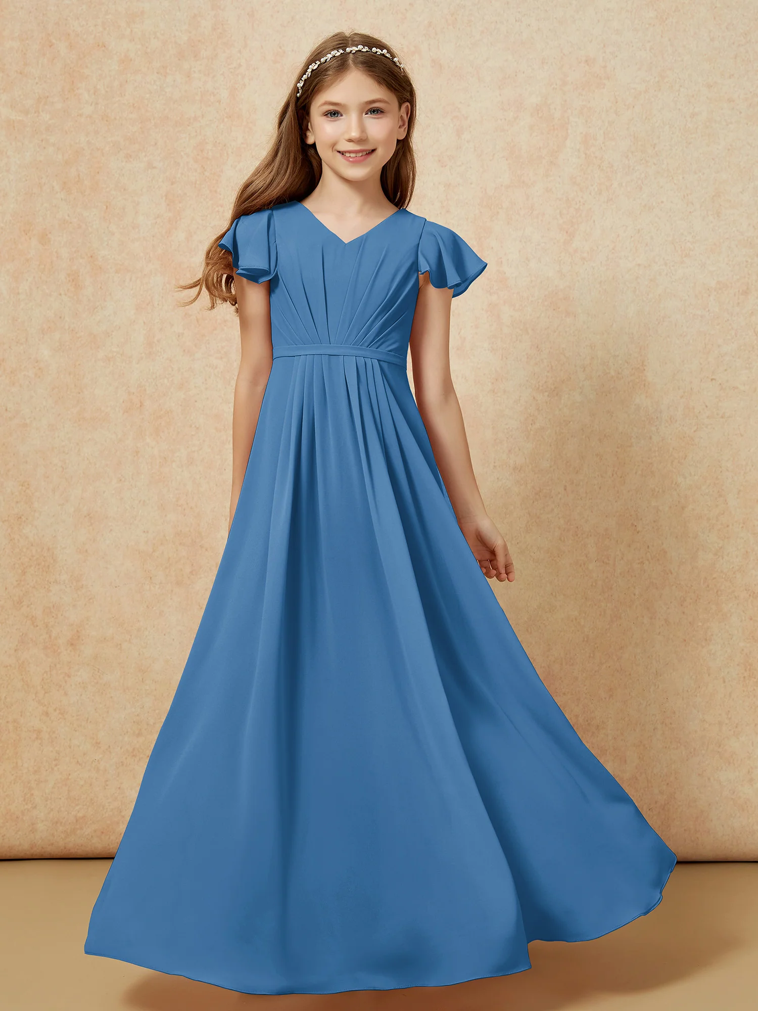 Flutter Sleeves V-neck Chiffon Junior Bridesmaid Dresses Ink Blue