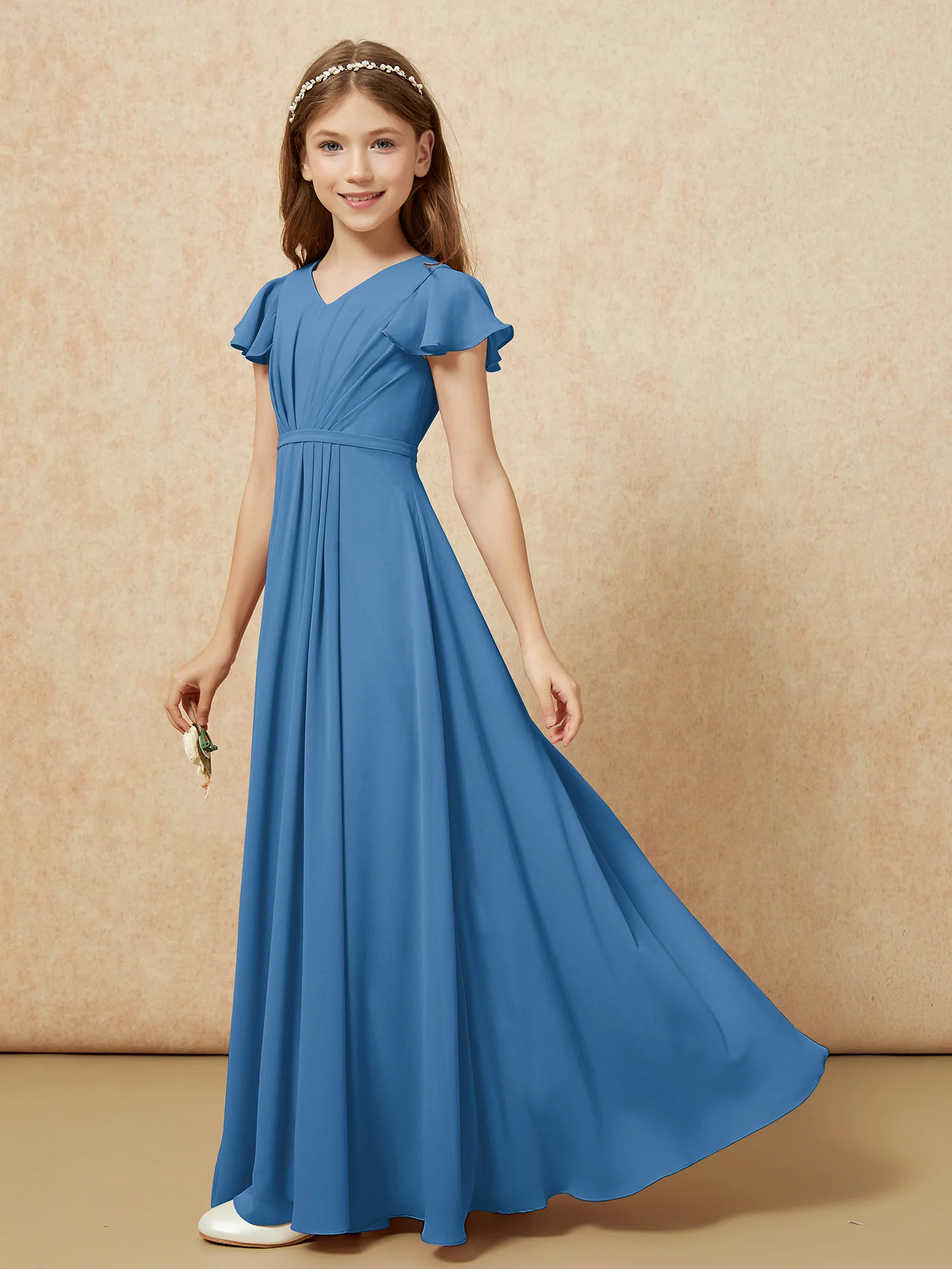 Flutter Sleeves V-neck Chiffon Junior Bridesmaid Dresses Ink Blue - Image 3