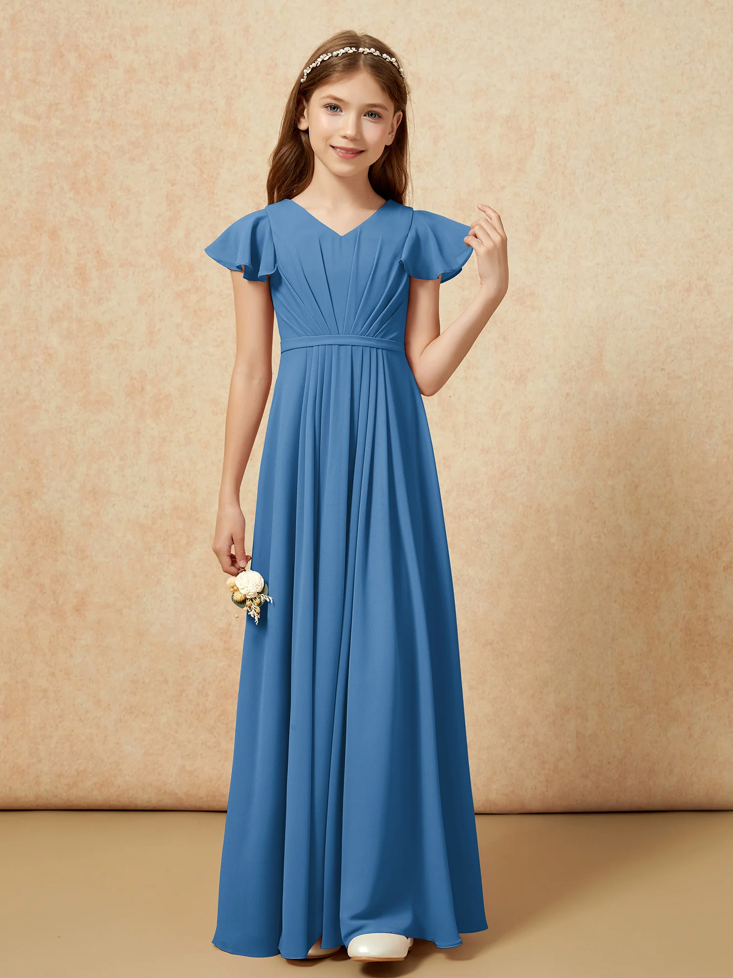 Flutter Sleeves V-neck Chiffon Junior Bridesmaid Dresses Ink Blue - Image 4