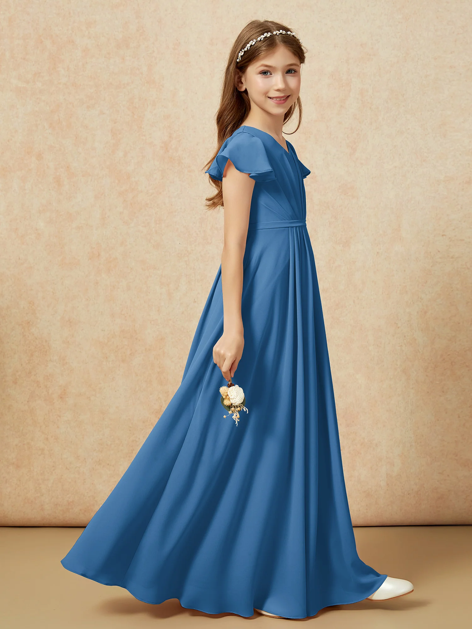 Flutter Sleeves V-neck Chiffon Junior Bridesmaid Dresses Ink Blue - Image 5