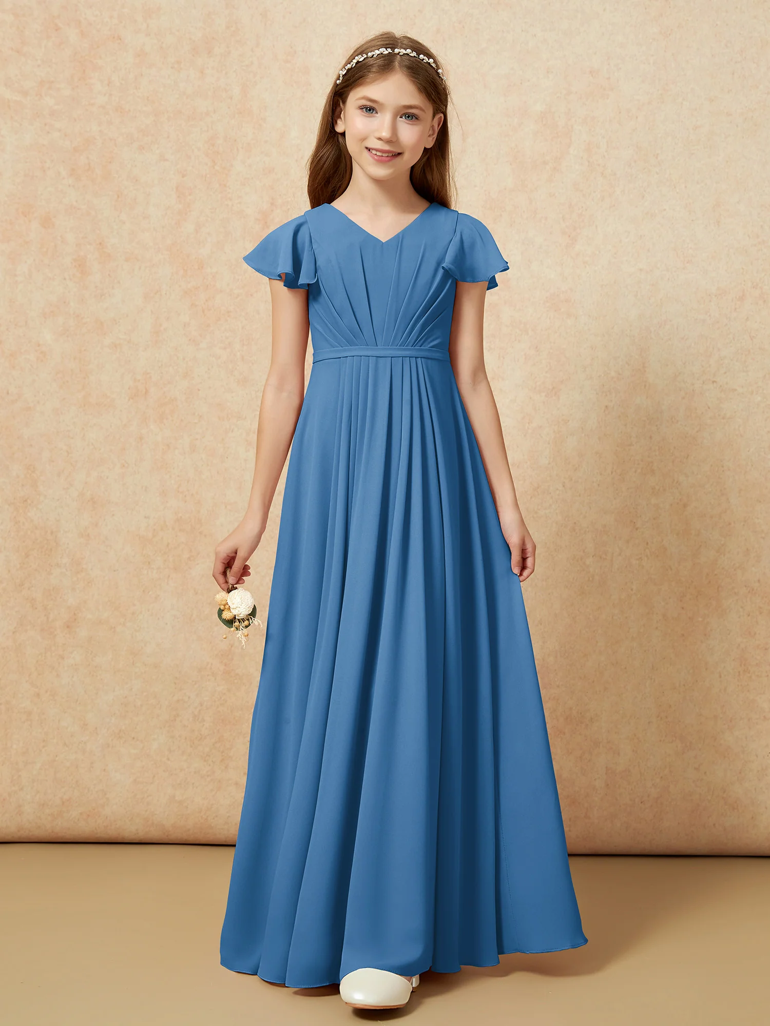 Flutter Sleeves V-neck Chiffon Junior Bridesmaid Dresses Ink Blue - Image 6