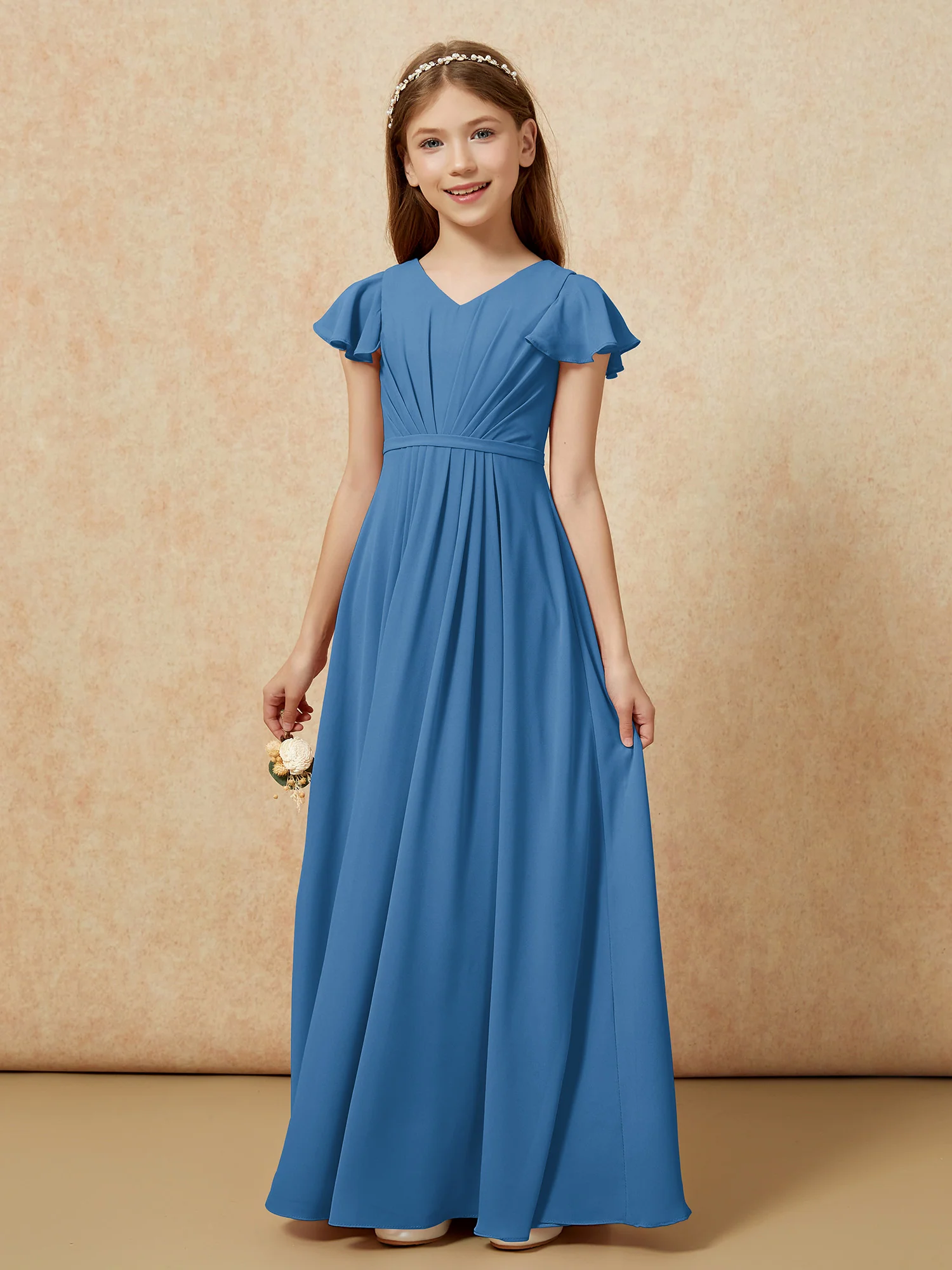 Flutter Sleeves V-neck Chiffon Junior Bridesmaid Dresses Ink Blue - Image 7