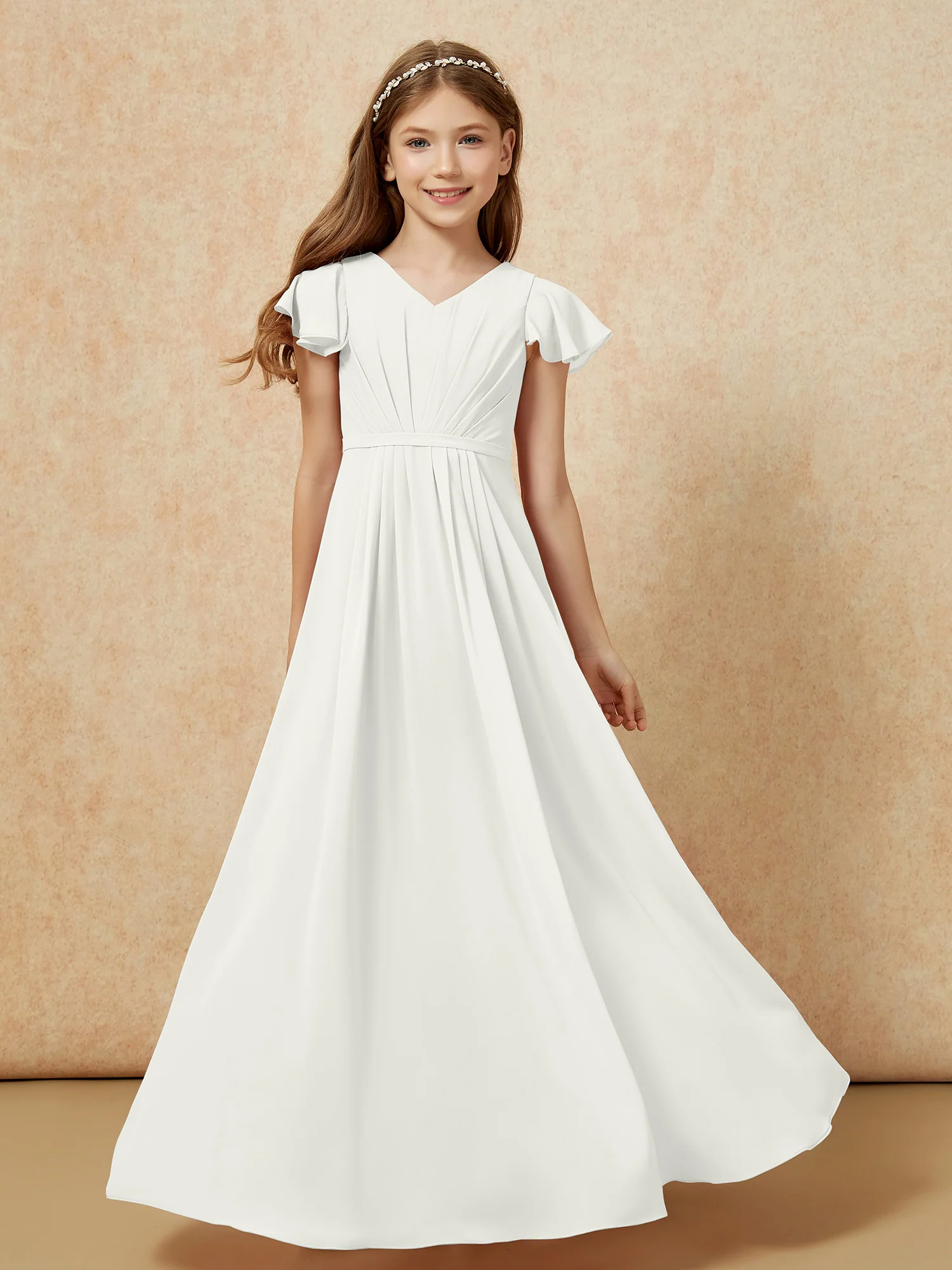 Flutter Sleeves V-neck Chiffon Junior Bridesmaid Dresses Ivory