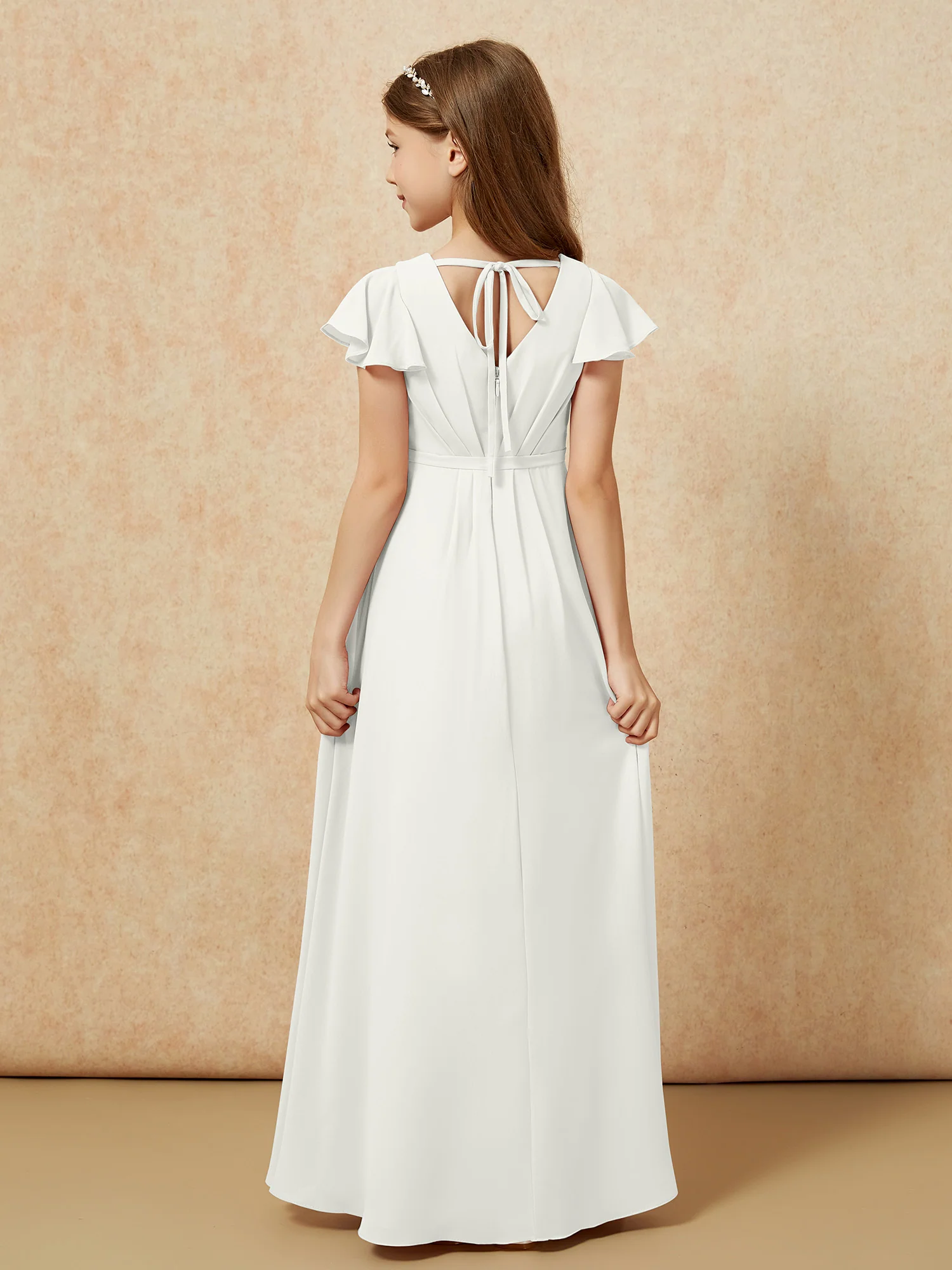 Flutter Sleeves V-neck Chiffon Junior Bridesmaid Dresses Ivory - Image 2