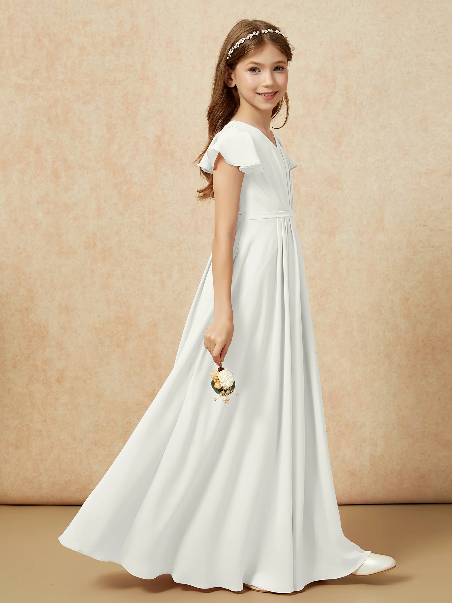 Flutter Sleeves V-neck Chiffon Junior Bridesmaid Dresses Ivory - Image 5