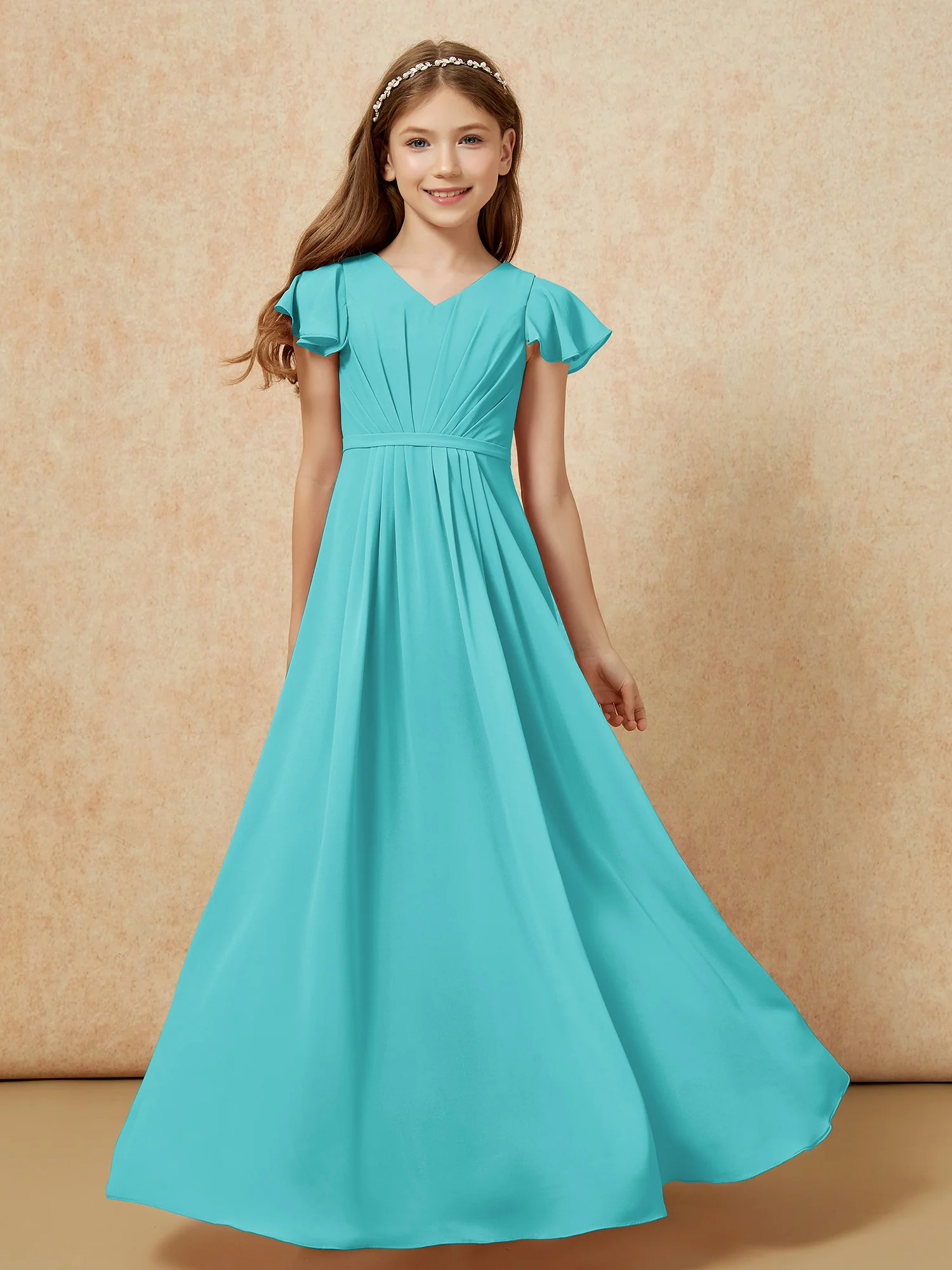Flutter Sleeves V-neck Chiffon Junior Bridesmaid Dresses Jade