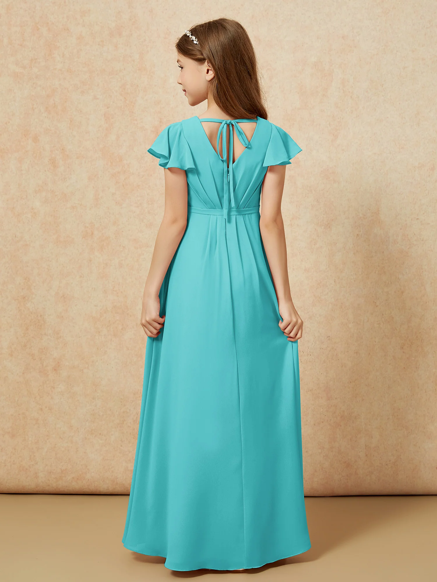 Flutter Sleeves V-neck Chiffon Junior Bridesmaid Dresses Jade - Image 2
