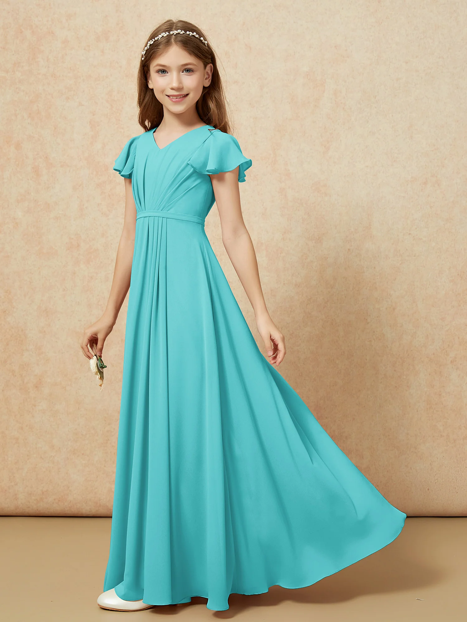 Flutter Sleeves V-neck Chiffon Junior Bridesmaid Dresses Jade - Image 3