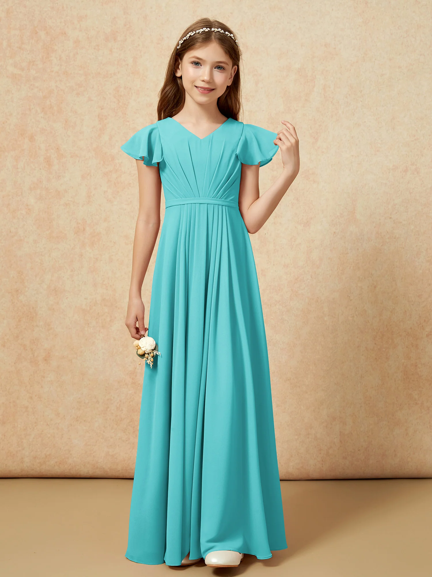 Flutter Sleeves V-neck Chiffon Junior Bridesmaid Dresses Jade - Image 4