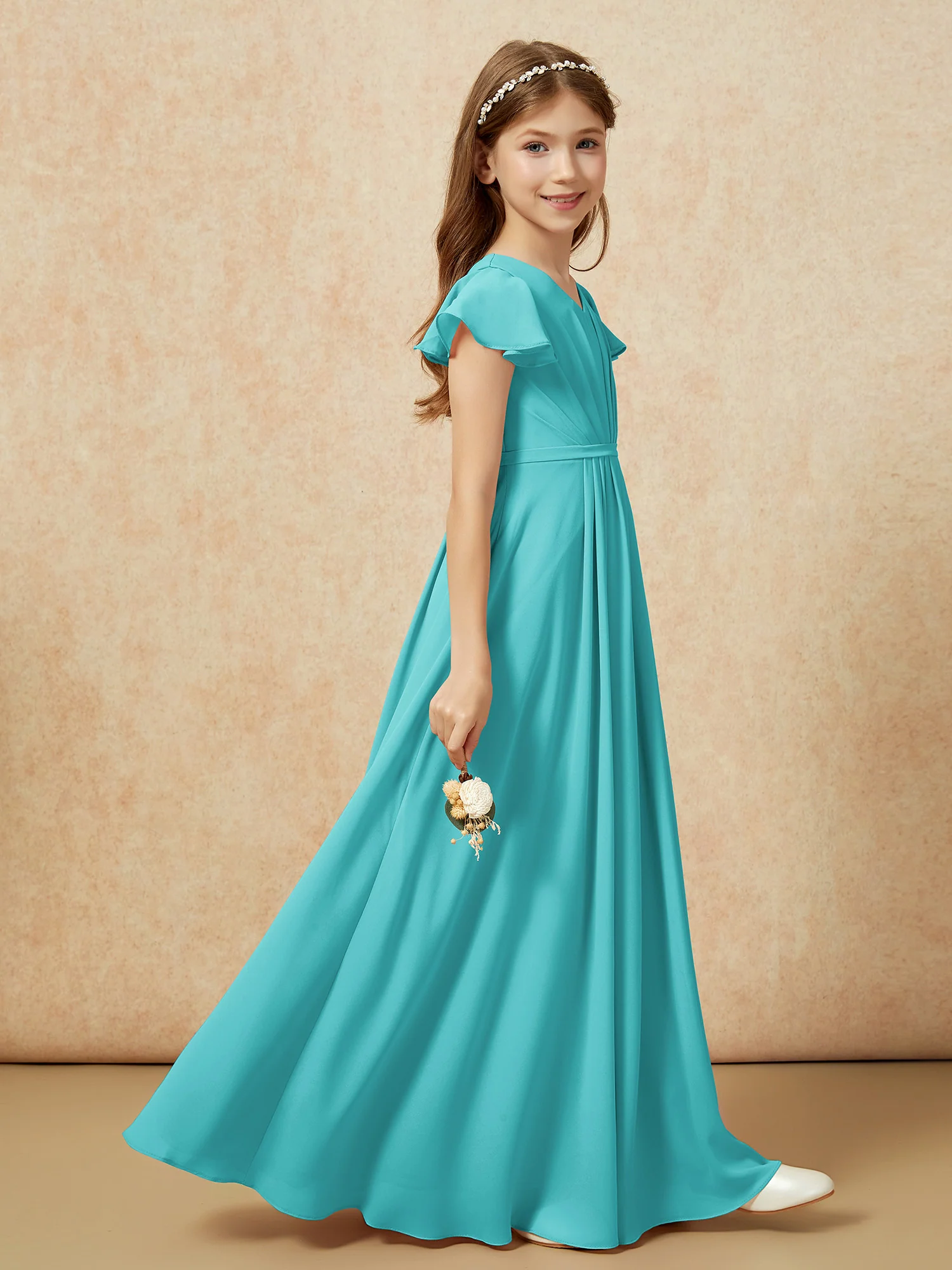 Flutter Sleeves V-neck Chiffon Junior Bridesmaid Dresses Jade - Image 5