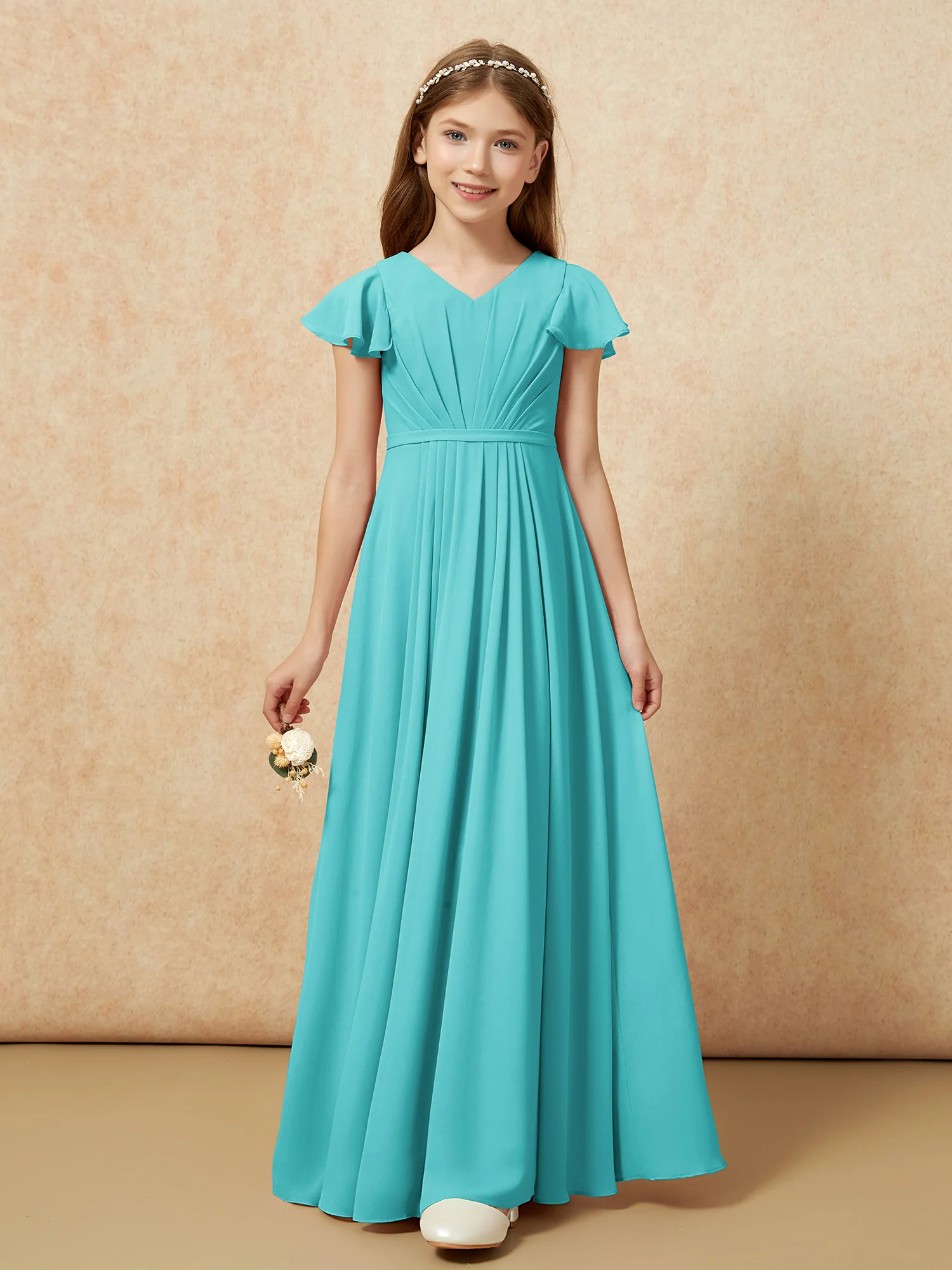 Flutter Sleeves V-neck Chiffon Junior Bridesmaid Dresses Jade - Image 6
