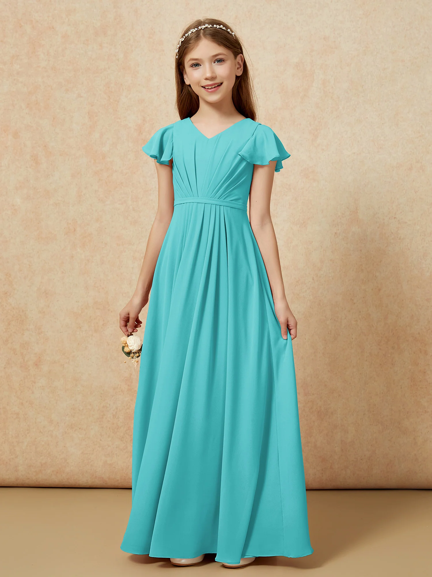 Flutter Sleeves V-neck Chiffon Junior Bridesmaid Dresses Jade - Image 7