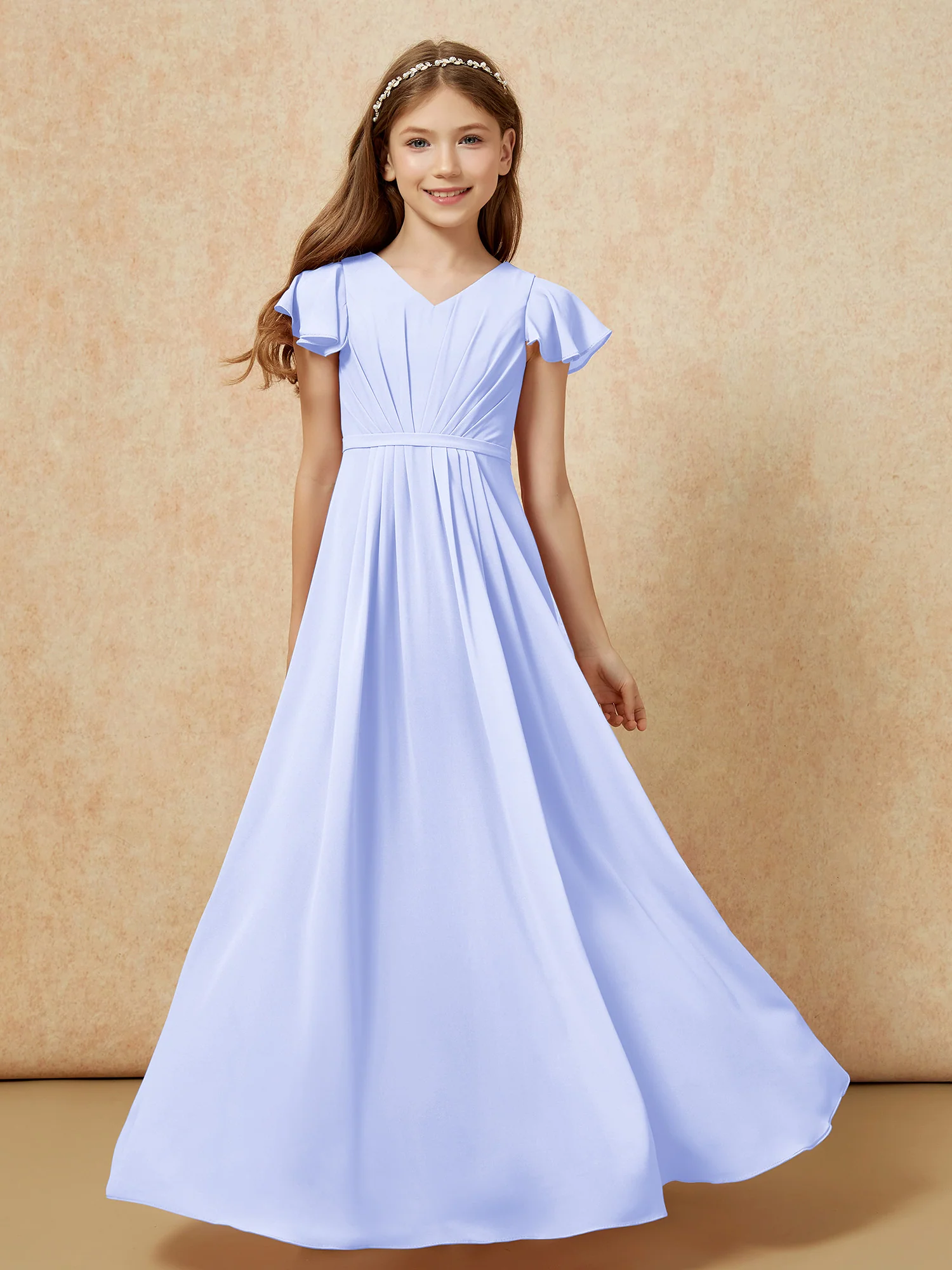 Flutter Sleeves V-neck Chiffon Junior Bridesmaid Dresses Lavender