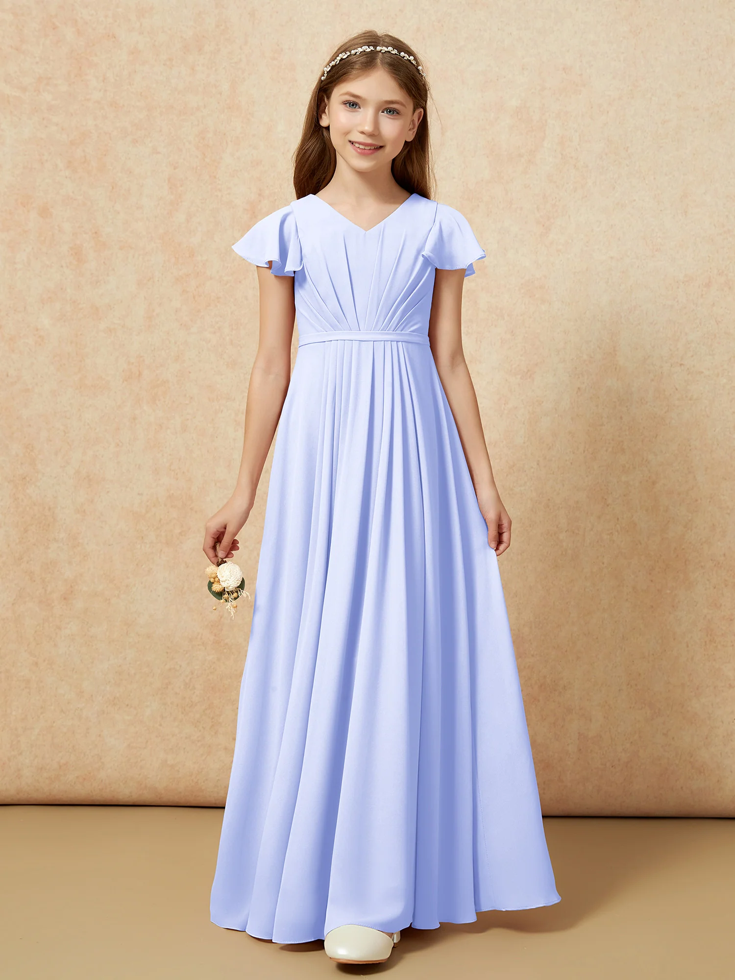 Flutter Sleeves V-neck Chiffon Junior Bridesmaid Dresses Lavender - Image 6