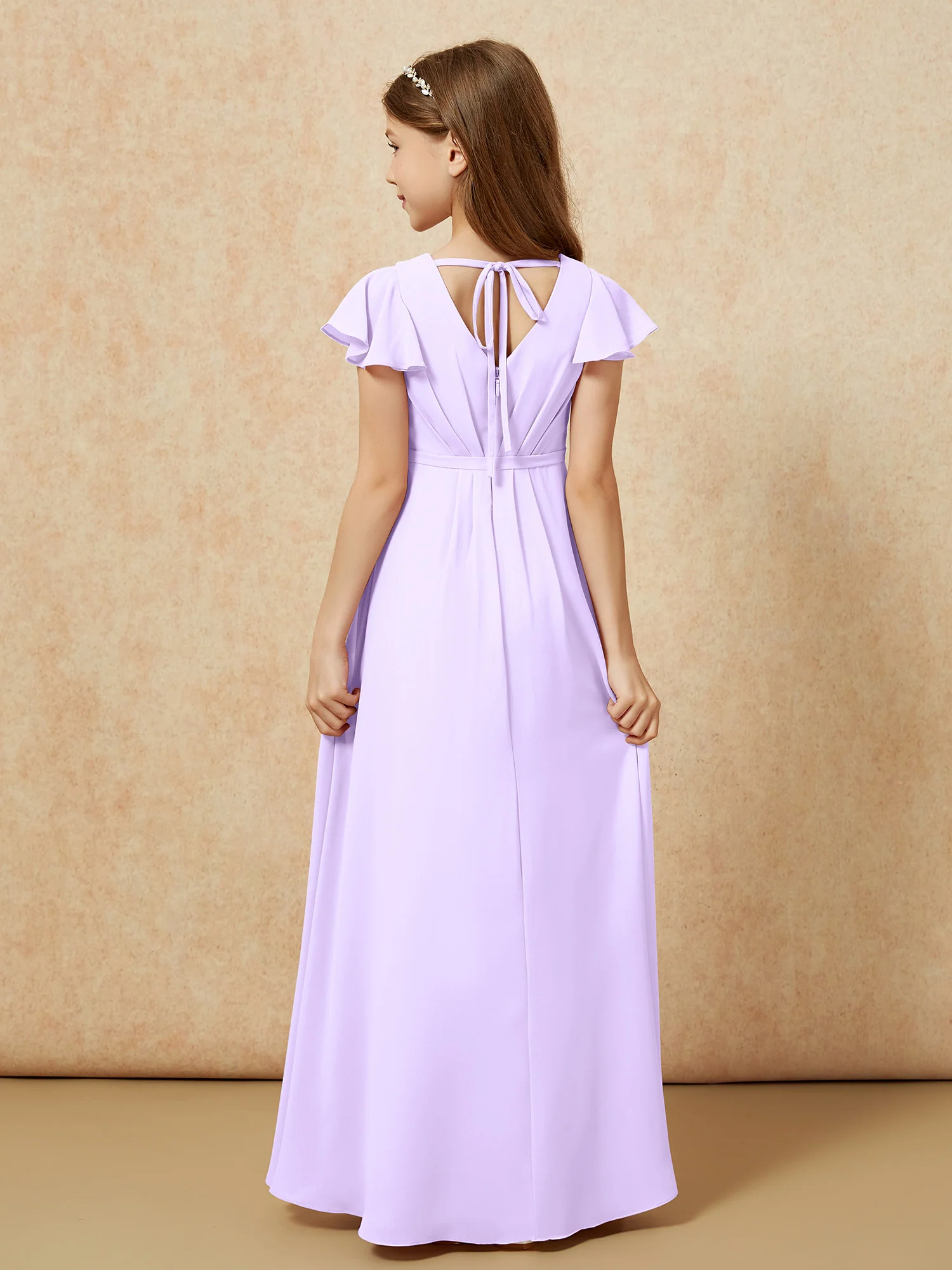 Flutter Sleeves V-neck Chiffon Junior Bridesmaid Dresses Lilac - Image 2