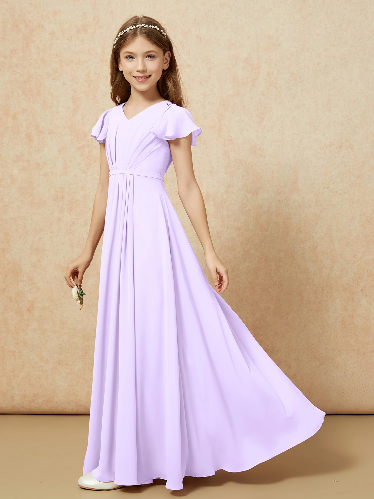 Flutter Sleeves V-neck Chiffon Junior Bridesmaid Dresses Lilac - Image 3