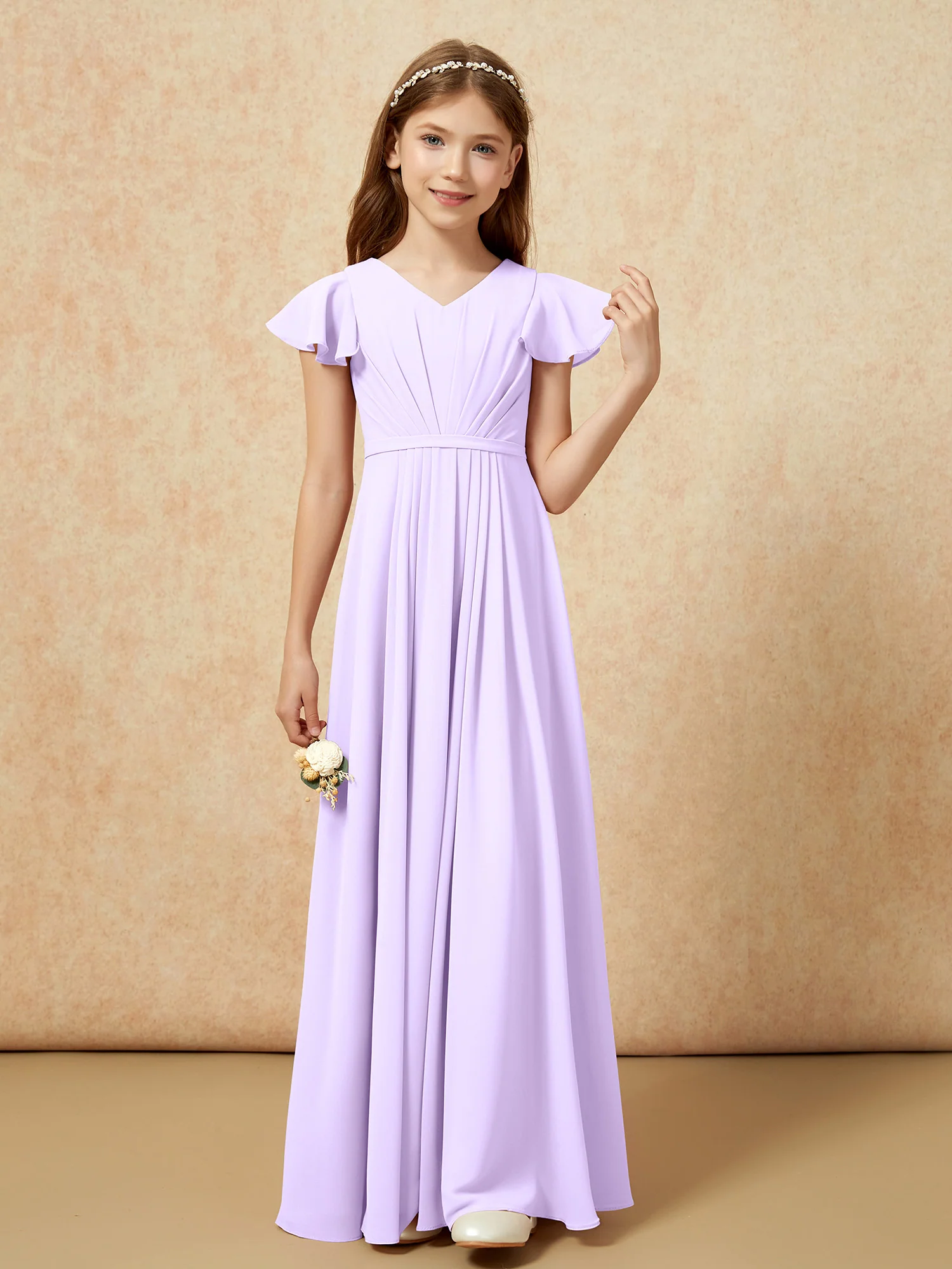 Flutter Sleeves V-neck Chiffon Junior Bridesmaid Dresses Lilac - Image 4