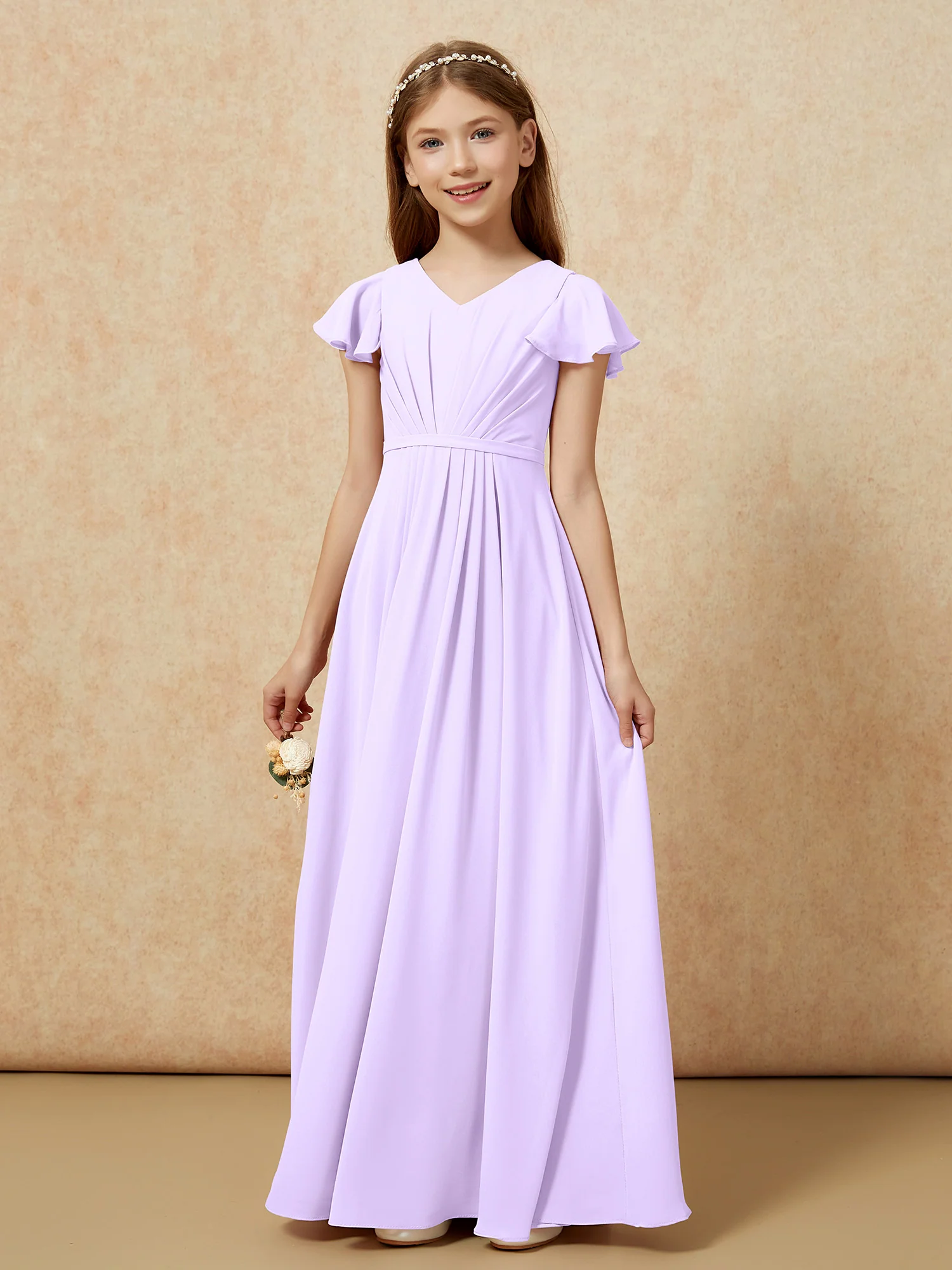 Flutter Sleeves V-neck Chiffon Junior Bridesmaid Dresses Lilac - Image 7