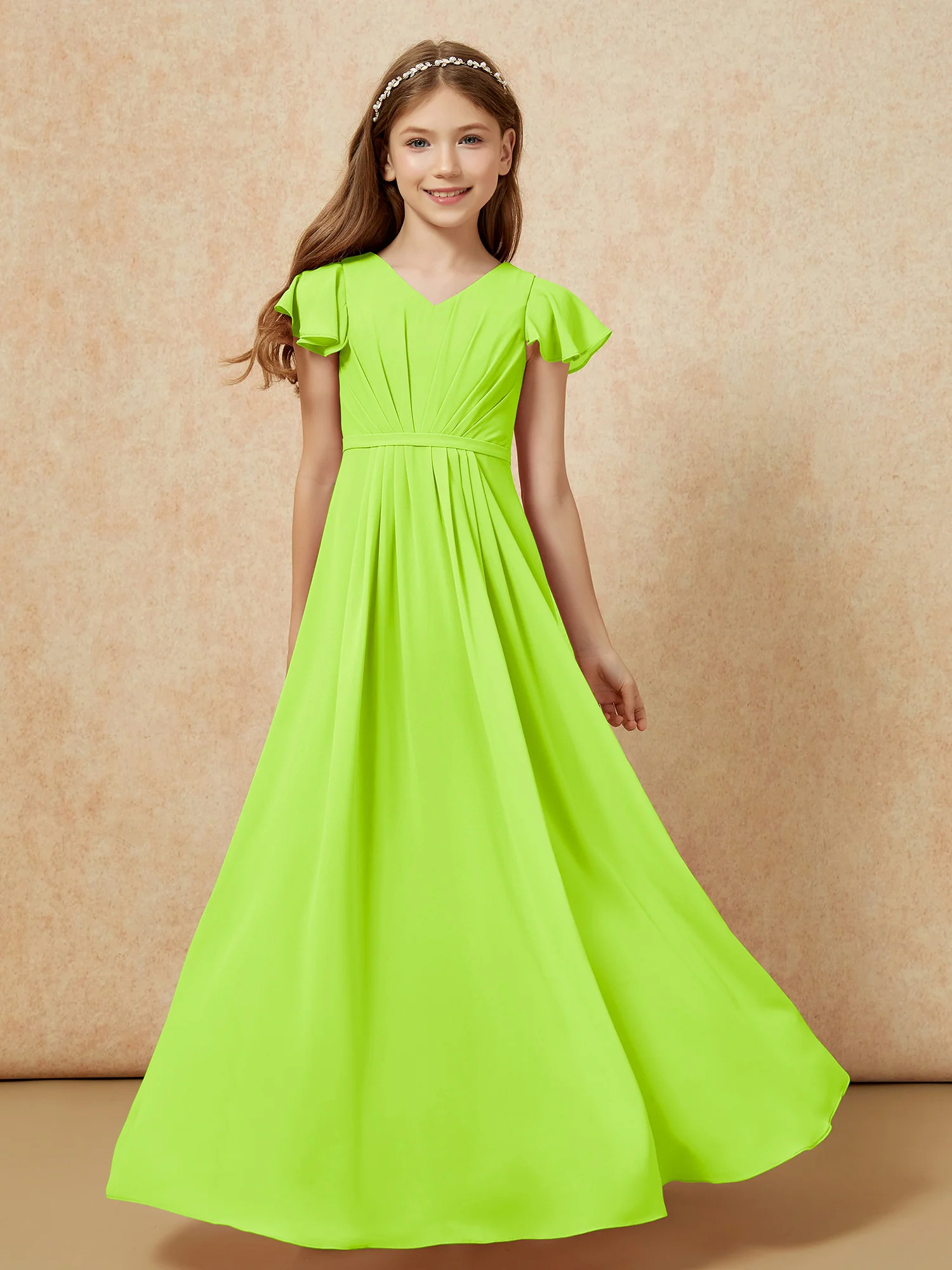 Flutter Sleeves V-neck Chiffon Junior Bridesmaid Dresses Lime Green
