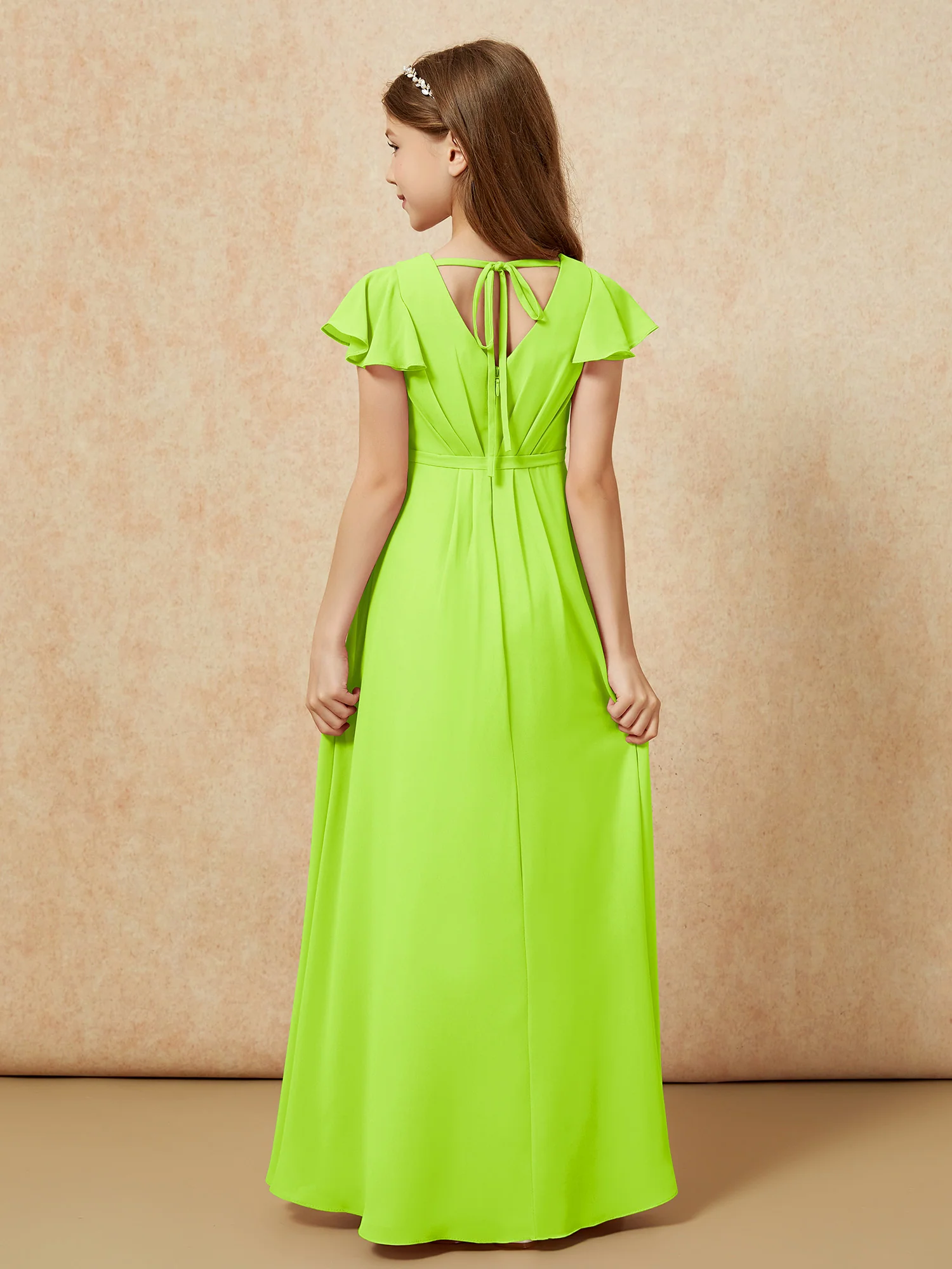 Flutter Sleeves V-neck Chiffon Junior Bridesmaid Dresses Lime Green - Image 2