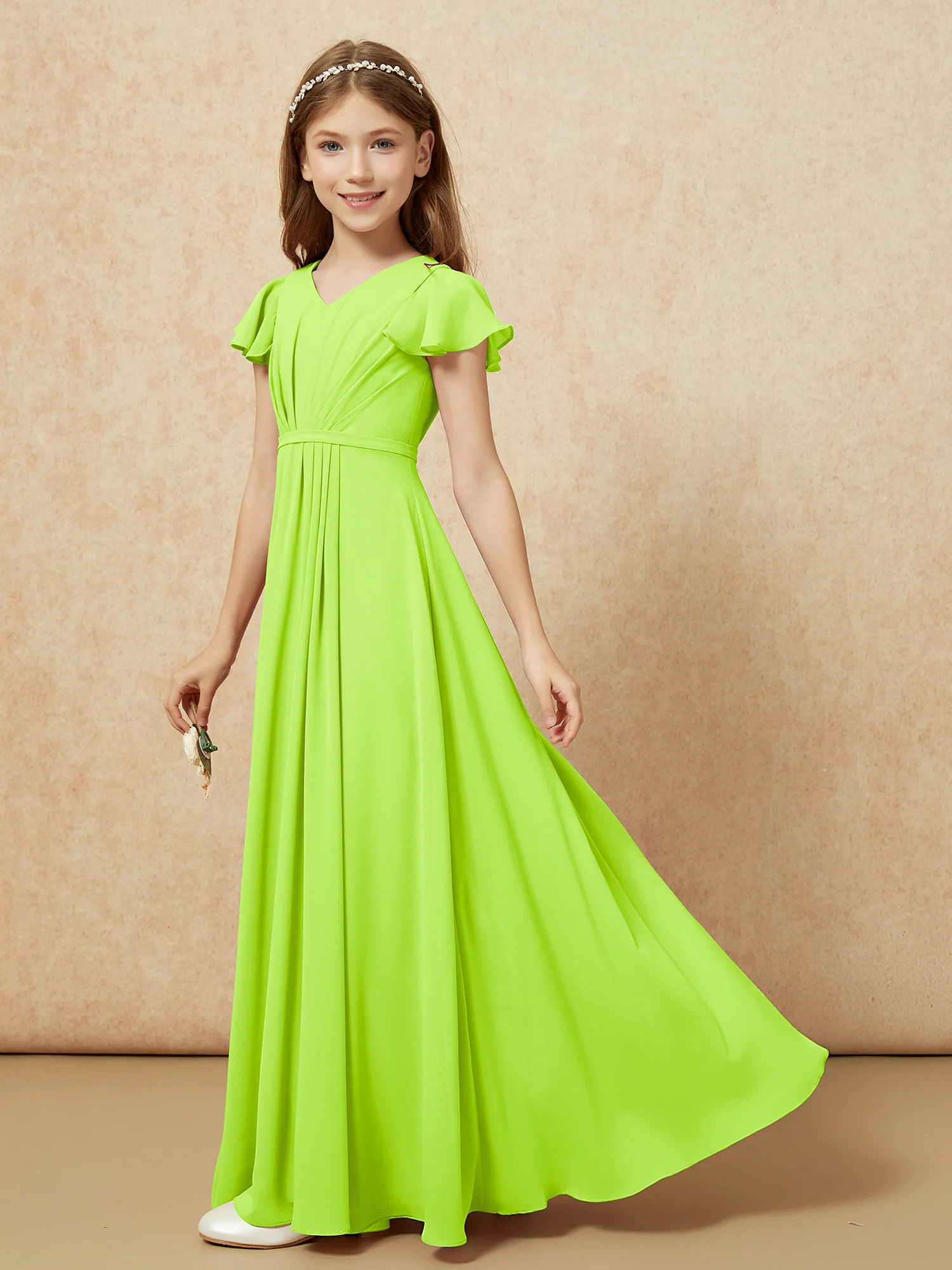 Flutter Sleeves V-neck Chiffon Junior Bridesmaid Dresses Lime Green - Image 3