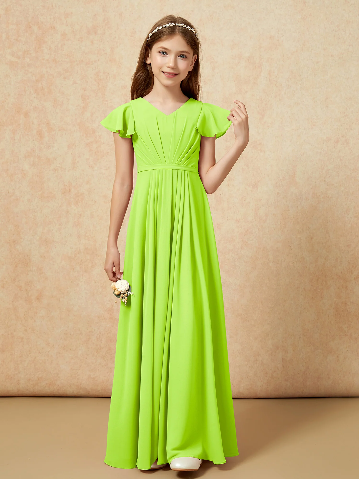 Flutter Sleeves V-neck Chiffon Junior Bridesmaid Dresses Lime Green - Image 4
