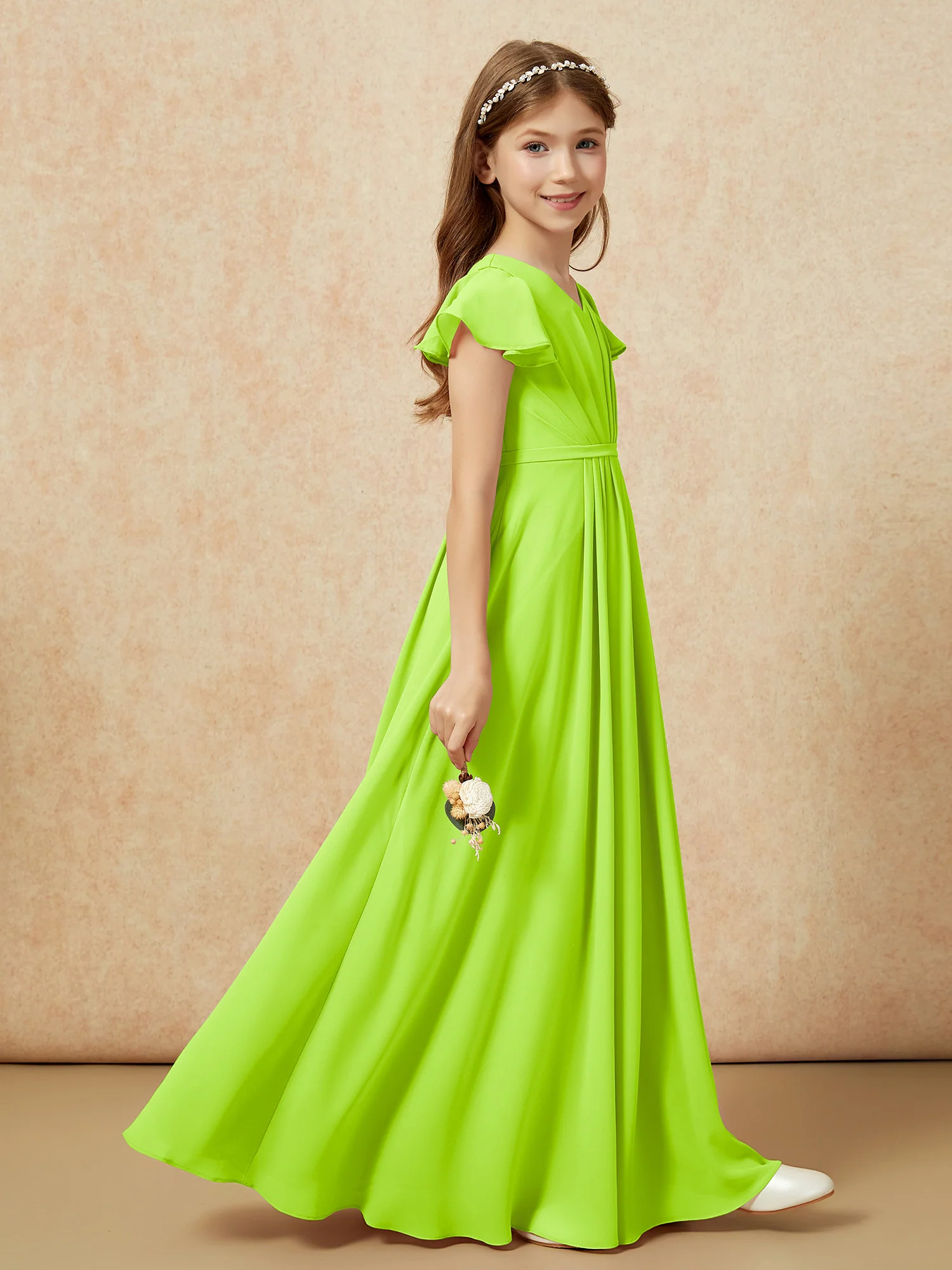 Flutter Sleeves V-neck Chiffon Junior Bridesmaid Dresses Lime Green - Image 5