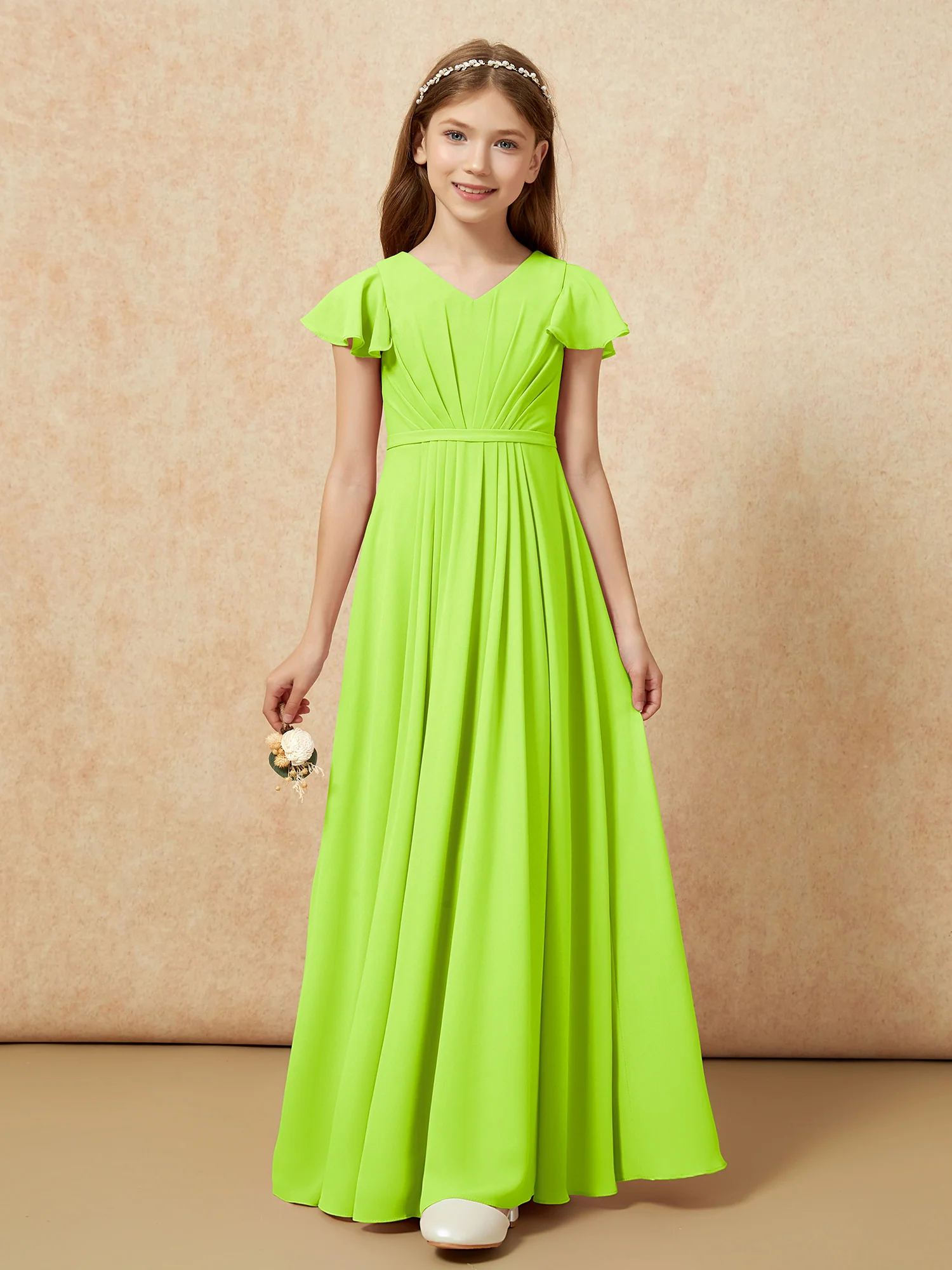 Flutter Sleeves V-neck Chiffon Junior Bridesmaid Dresses Lime Green - Image 6